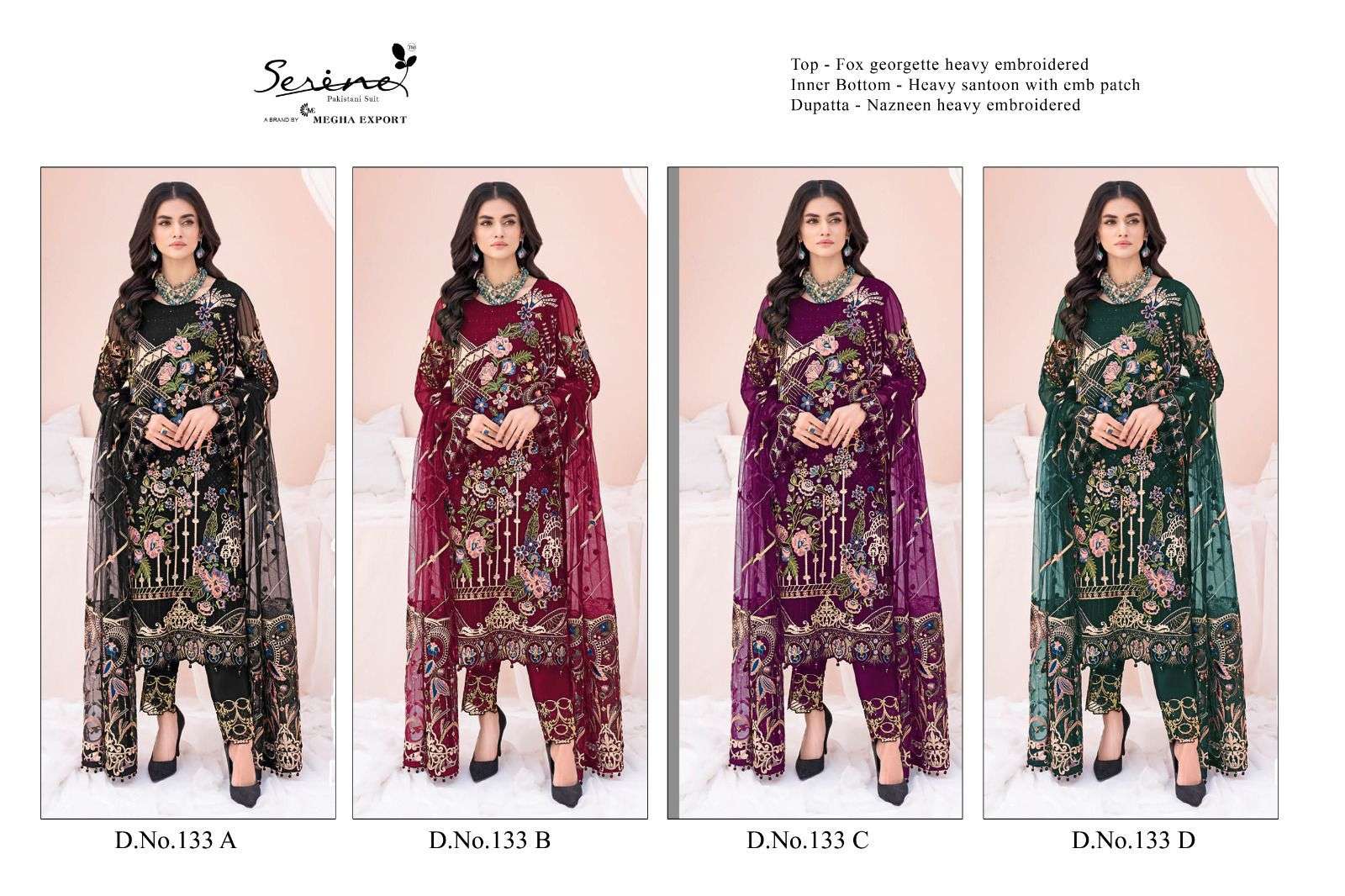 Serene Hit Design S-133 Colours By Serene S-133-A To S-133-D Series Designer Pakistani Suits Beautiful Fancy Colorful Stylish Party Wear & Occasional Wear Faux Georgette Embroidered Dresses At Wholesale Price