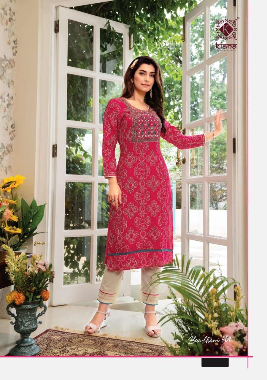 Bandhani Vol-4 Nx By Kiana Designer Stylish Fancy Colorful Beautiful Party Wear & Ethnic Wear Collection Heavy Rayon Kurtis With Bottom At Wholesale Price
