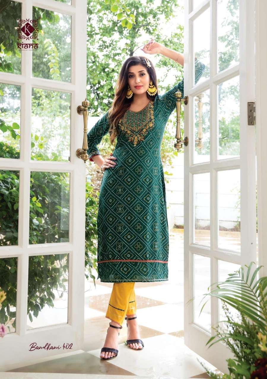Bandhani Vol-4 Nx By Kiana Designer Stylish Fancy Colorful Beautiful Party Wear & Ethnic Wear Collection Heavy Rayon Kurtis With Bottom At Wholesale Price