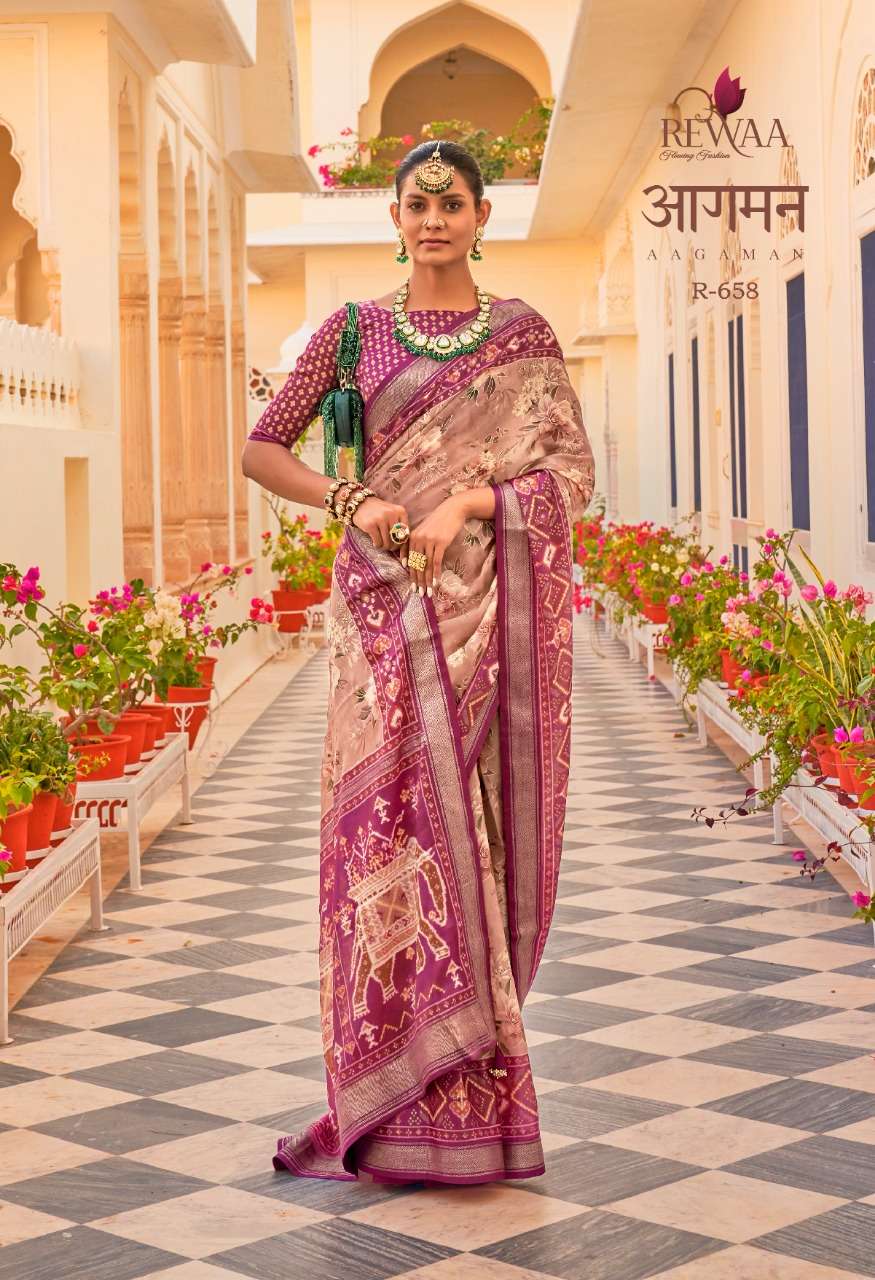 Aagaman By Rewaa 655 To 663 Series Indian Traditional Wear Collection Beautiful Stylish Fancy Colorful Party Wear & Occasional Wear Chiffon Silk Sarees At Wholesale Price