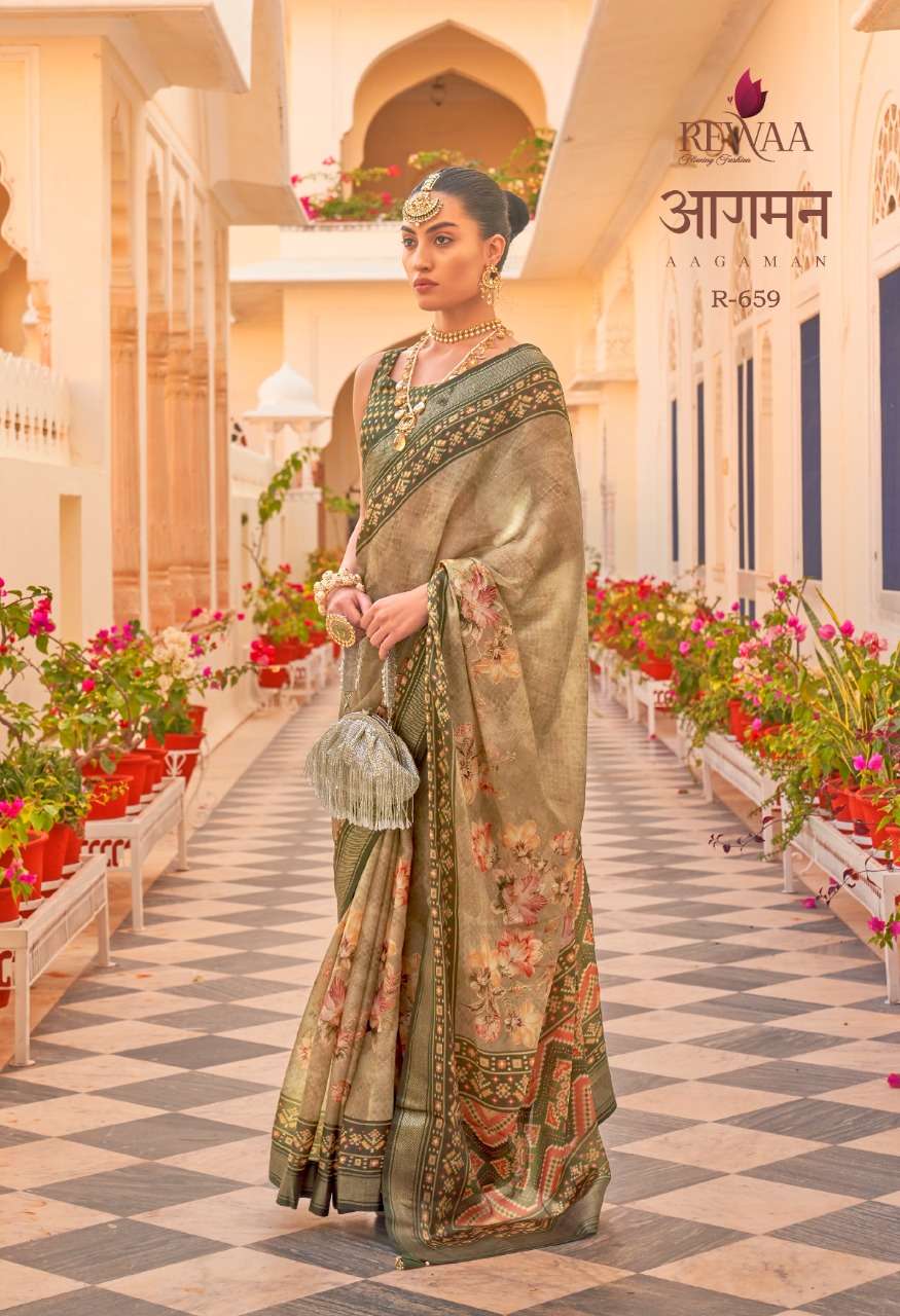 Aagaman By Rewaa 655 To 663 Series Indian Traditional Wear Collection Beautiful Stylish Fancy Colorful Party Wear & Occasional Wear Chiffon Silk Sarees At Wholesale Price