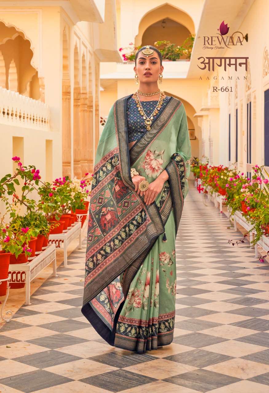 Aagaman By Rewaa 655 To 663 Series Indian Traditional Wear Collection Beautiful Stylish Fancy Colorful Party Wear & Occasional Wear Chiffon Silk Sarees At Wholesale Price