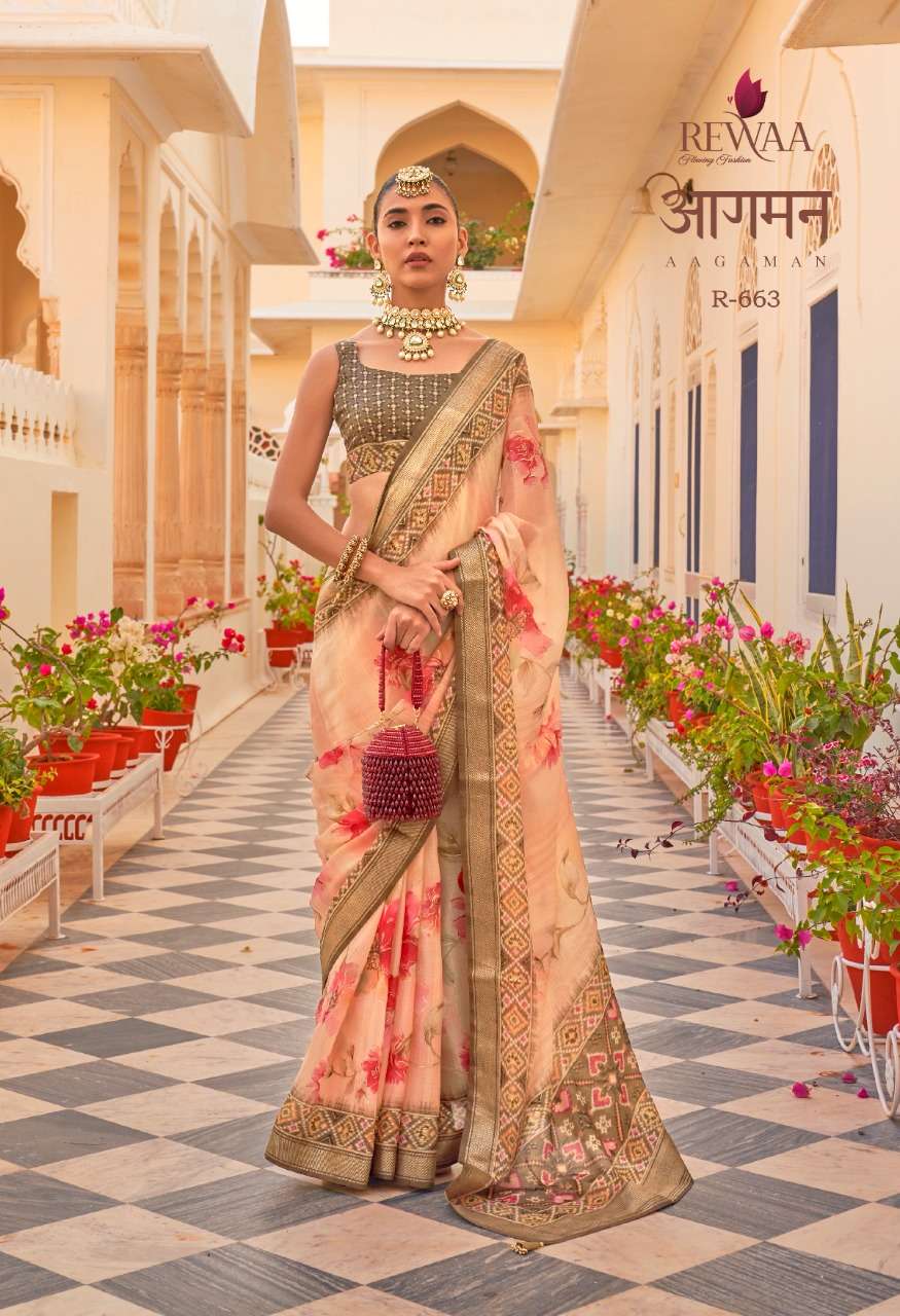 Aagaman By Rewaa 655 To 663 Series Indian Traditional Wear Collection Beautiful Stylish Fancy Colorful Party Wear & Occasional Wear Chiffon Silk Sarees At Wholesale Price