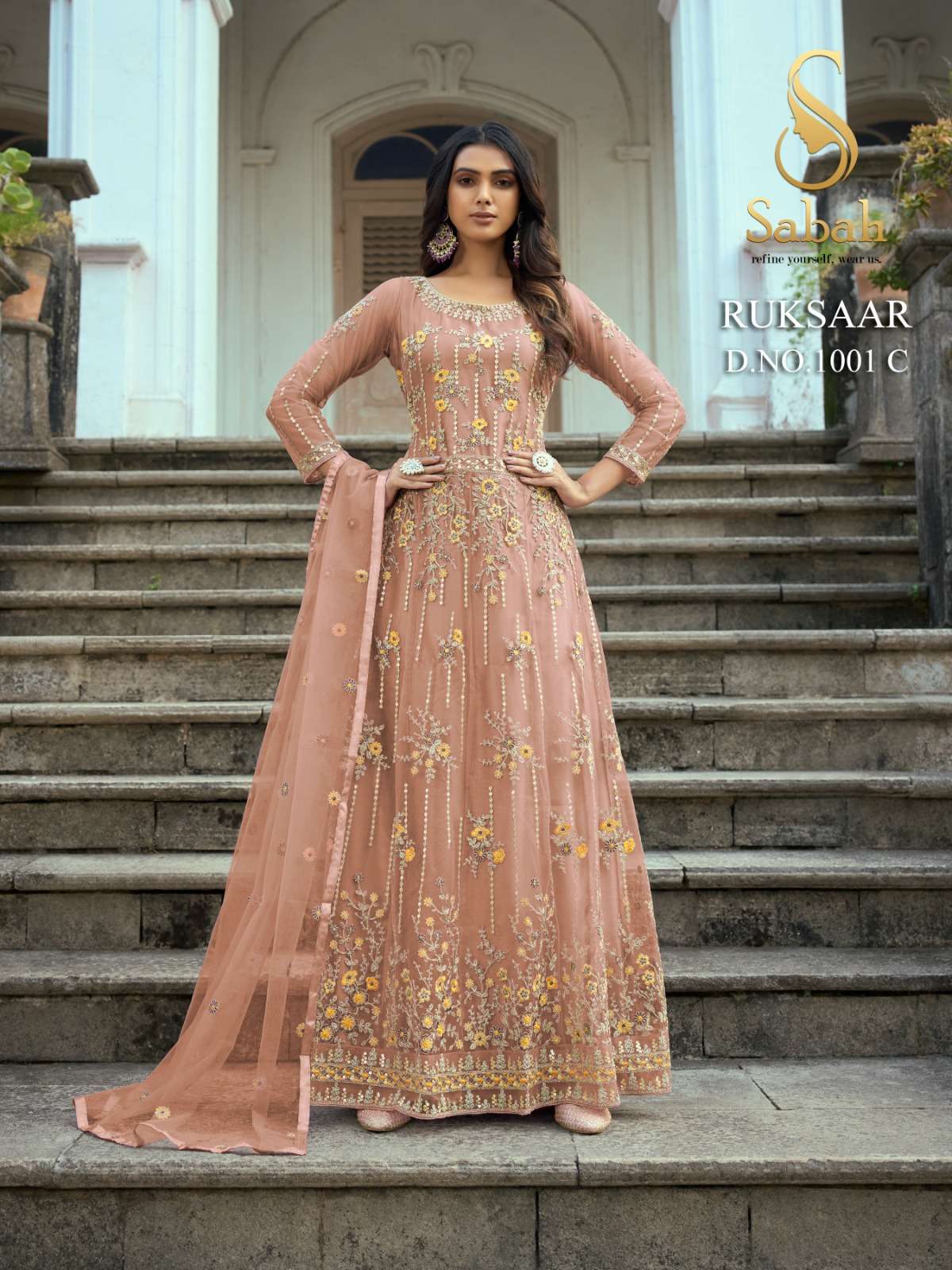 Ruksaar 1001 Colours By Sabah 1001-A To 1001-D Series Designer Anarkali Suits Beautiful Fancy Colorful Stylish Party Wear & Occasional Wear Heavy Net Dresses At Wholesale Price