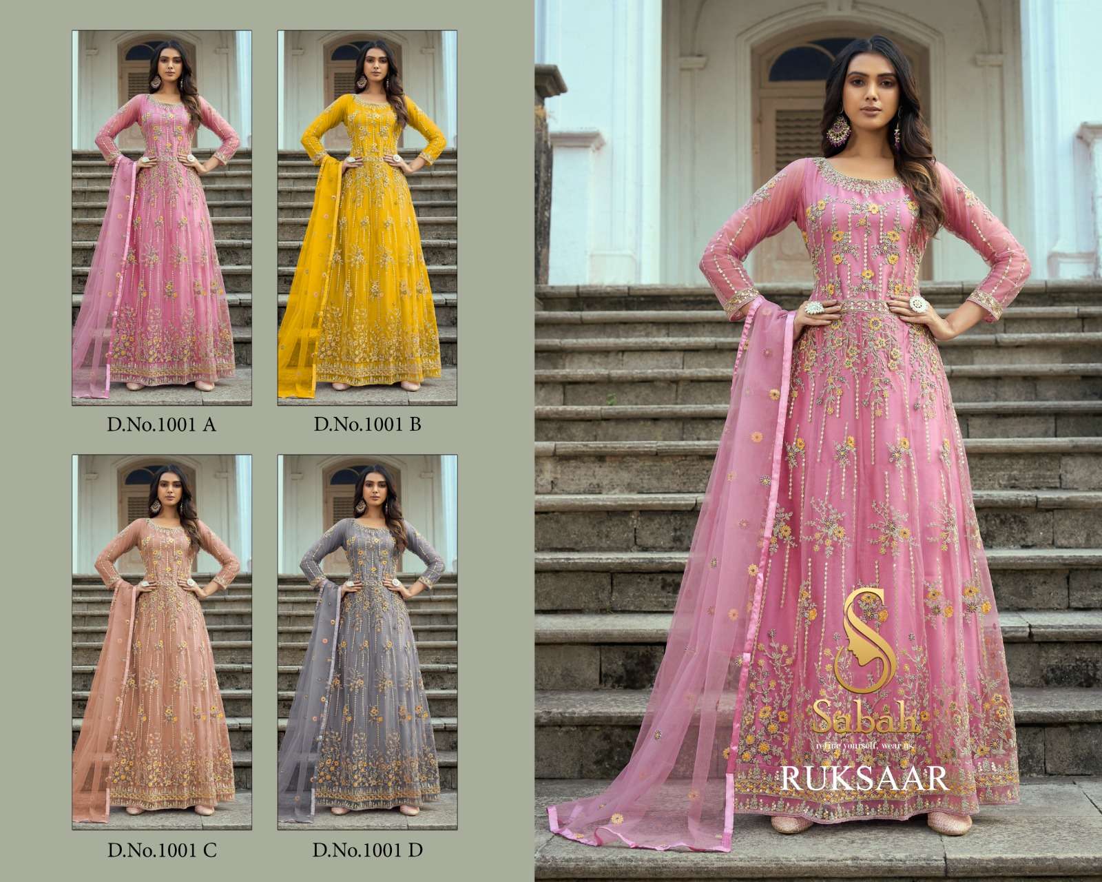 Ruksaar 1001 Colours By Sabah 1001-A To 1001-D Series Designer Anarkali Suits Beautiful Fancy Colorful Stylish Party Wear & Occasional Wear Heavy Net Dresses At Wholesale Price