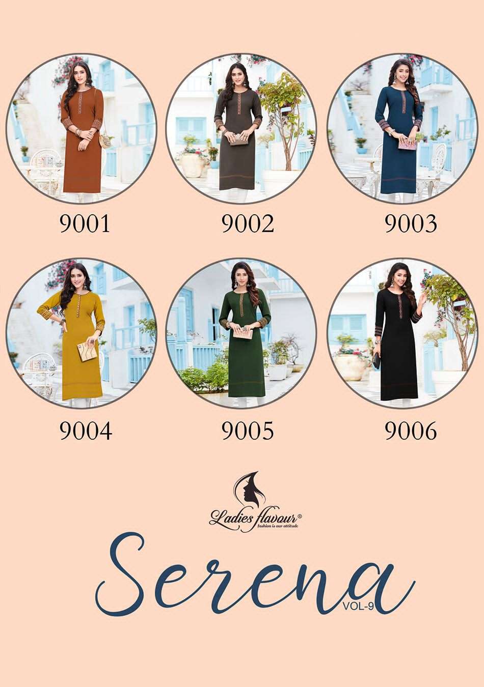 Serena Vol-9 By Ladies Flavour 9001 To 9006 Series Beautiful Stylish Fancy Colorful Casual Wear & Ethnic Wear Rayon Embroidered Kurtis At Wholesale Price