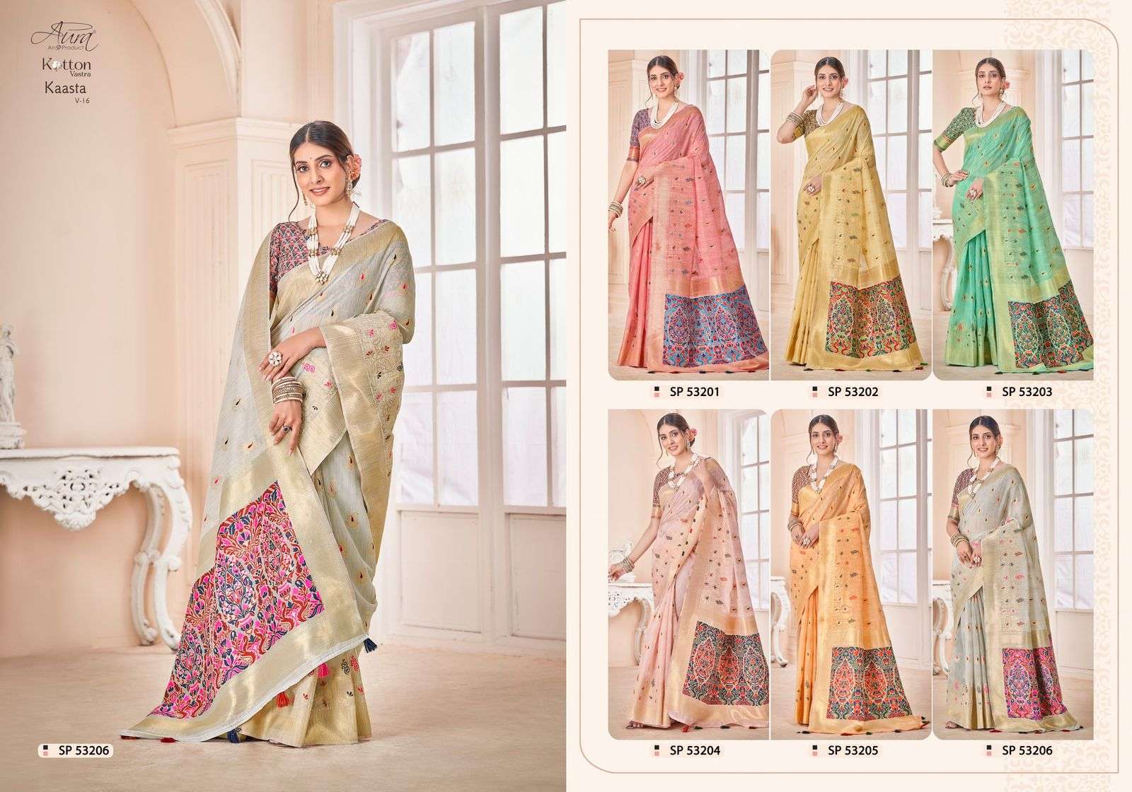 Kaasta Vol-16 By Aura 53201 To 53206 Series Indian Traditional Wear Collection Beautiful Stylish Fancy Colorful Party Wear & Occasional Wear Cotton Sarees At Wholesale Price