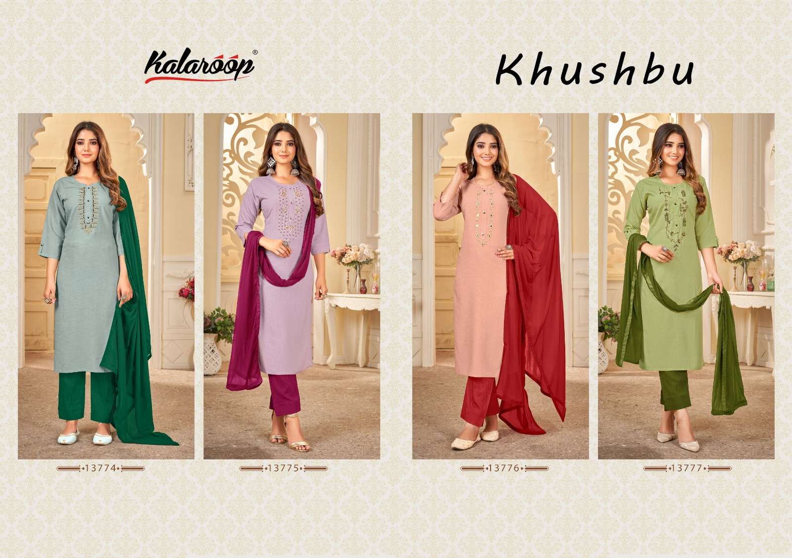 Khushbu By Kalaroop 13774 To 13777 Series Beautiful Suits Colorful Stylish Fancy Casual Wear & Ethnic Wear Rayon Silk Dresses At Wholesale Price