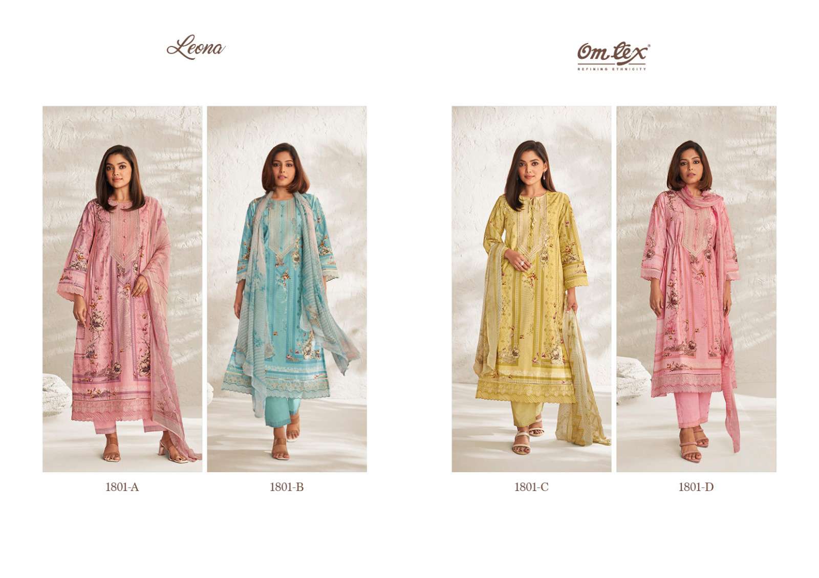 Leona By Om Tex 1801-A To 1801-D Series Beautiful Suits Colorful Stylish Fancy Casual Wear & Ethnic Wear Lawn Cotton Digital Print With Embroidered Dresses At Wholesale Price