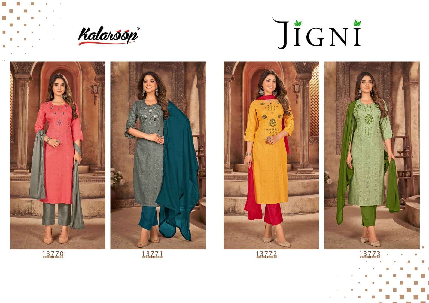 Jigni By Kalaroop 13771 To 13774 Series Beautiful Suits Colorful Stylish Fancy Casual Wear & Ethnic Wear Rayon With Embroidered Dresses At Wholesale Price