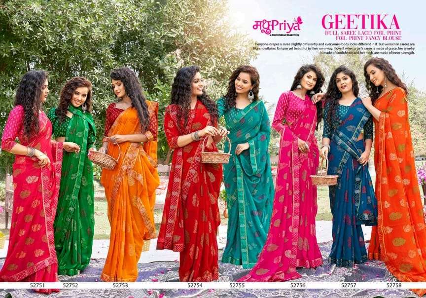 Geetika By Madhupriya 52751 To 52758 Series Indian Traditional Wear Collection Beautiful Stylish Fancy Colorful Party Wear & Occasional Wear Georgette Sarees At Wholesale Price