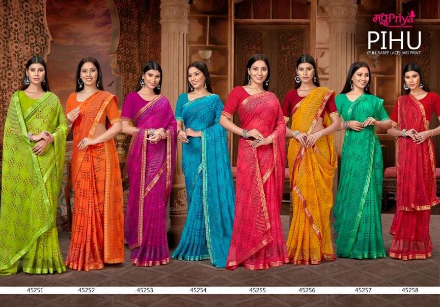 Pihu By Madhupriya 45251 To 45258 Series Indian Traditional Wear Collection Beautiful Stylish Fancy Colorful Party Wear & Occasional Wear Chiffon Sarees At Wholesale Price