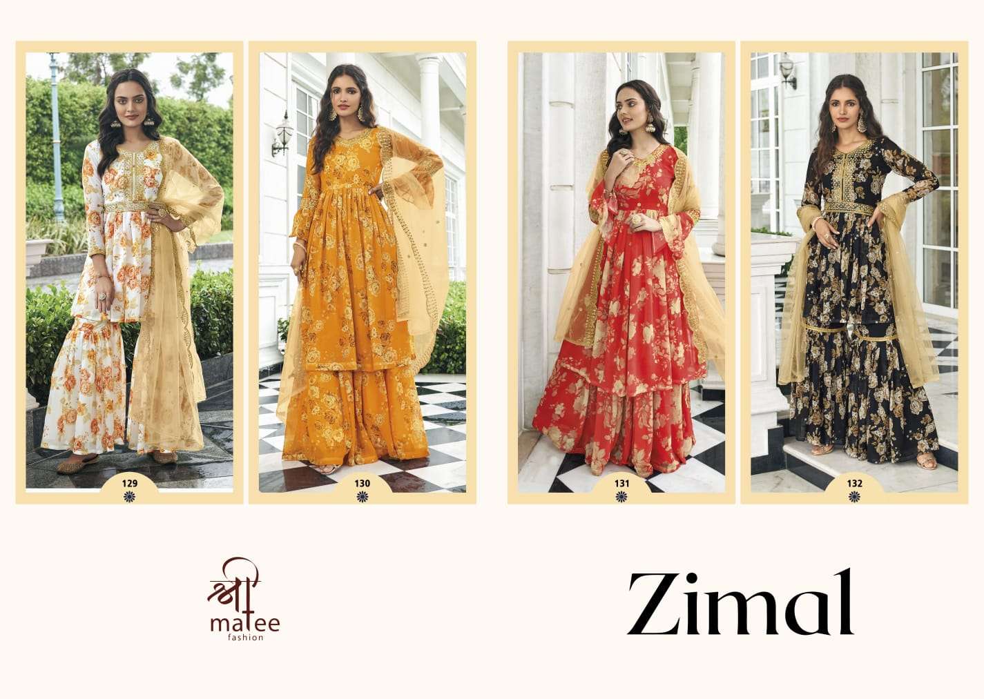 Zimal By Shree Matee Fashion 129 To 132 Series Beautiful Stylish Sharara Suits Fancy Colorful Casual Wear & Ethnic Wear & Ready To Wear Pure Faux Georgette Dresses At Wholesale Price