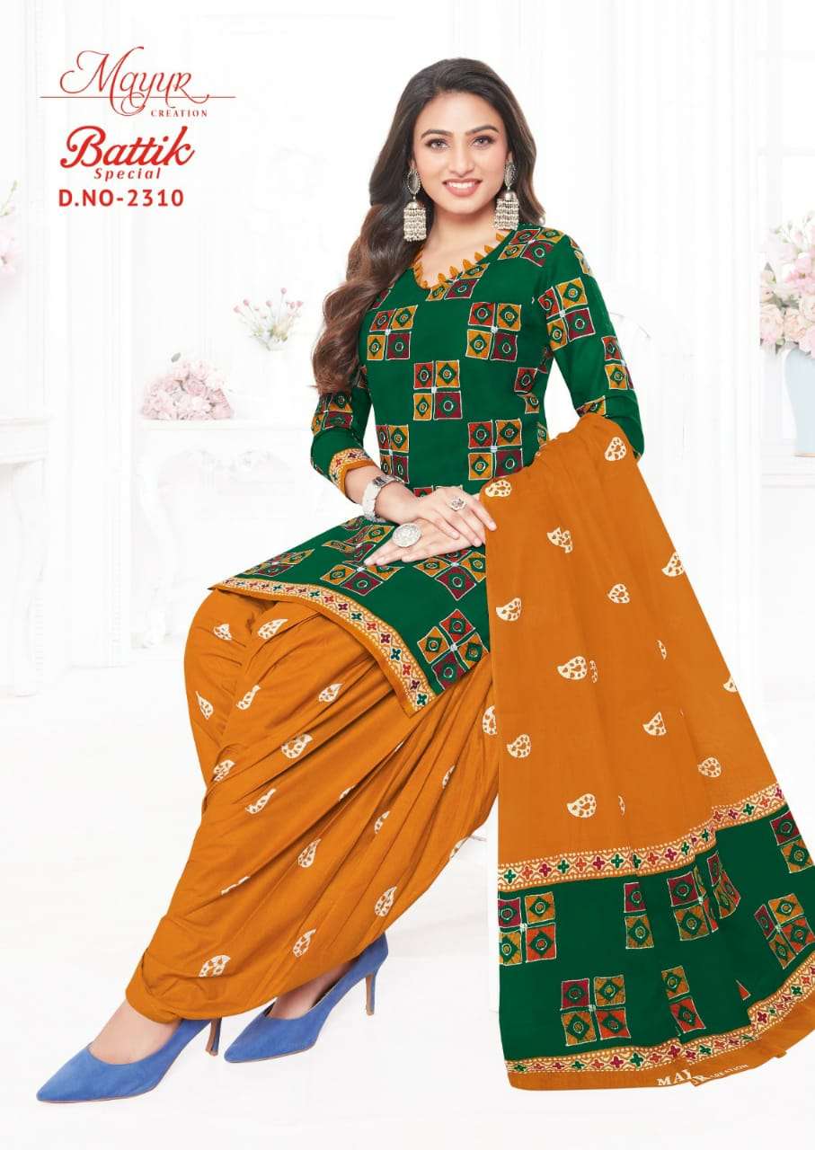 Battik Special Vol-23 By Mayur Creation 2301 To 2310 Series Beautiful Stylish Festive Suits Fancy Colorful Casual Wear & Ethnic Wear & Ready To Wear Cotton Print Dresses At Wholesale Price