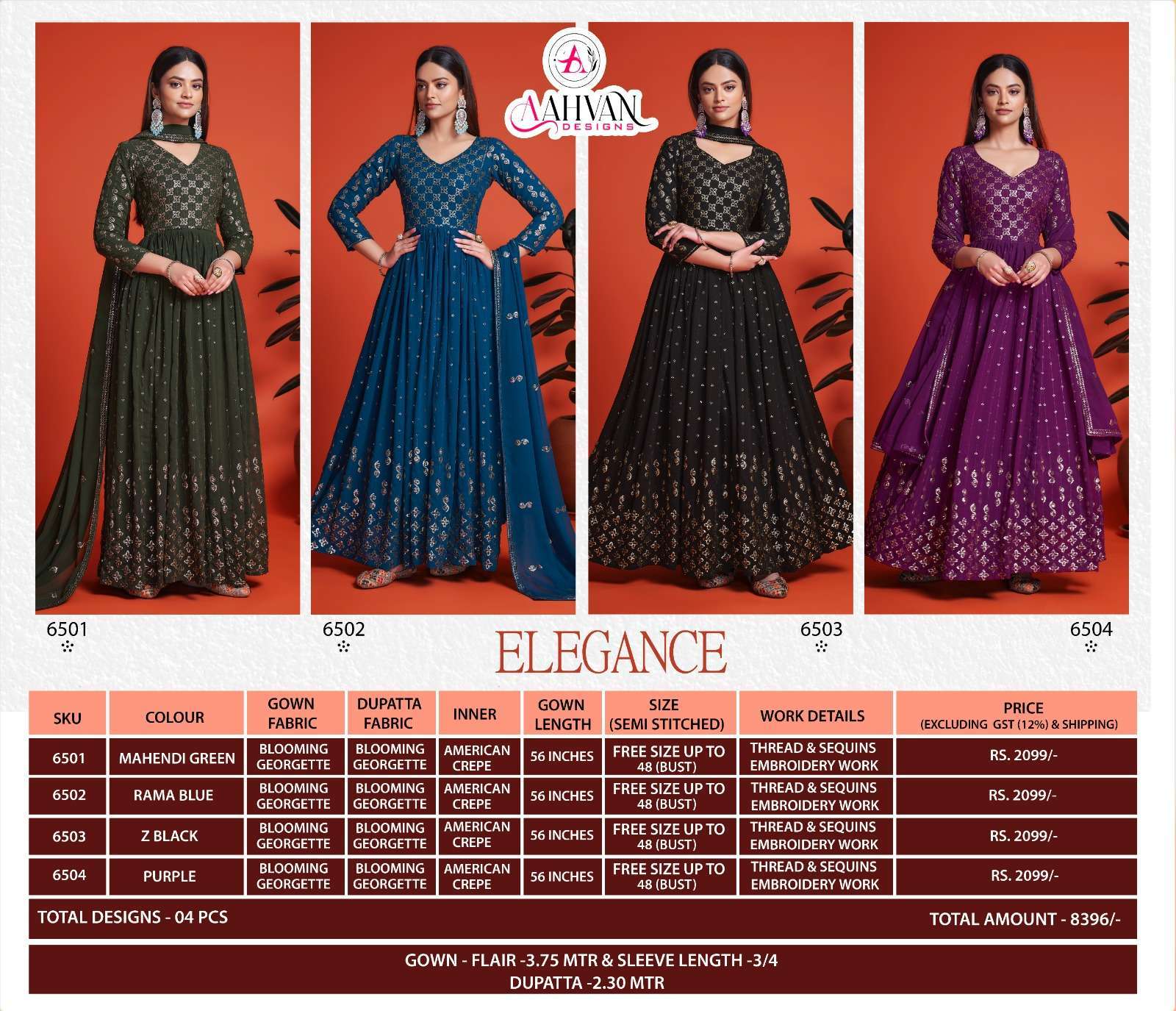 Elegance By Aahvan 6501 To 6504 Series Beautiful Stylish Fancy Colorful Casual Wear & Ethnic Wear Georgette Gowns With Dupatta At Wholesale Price