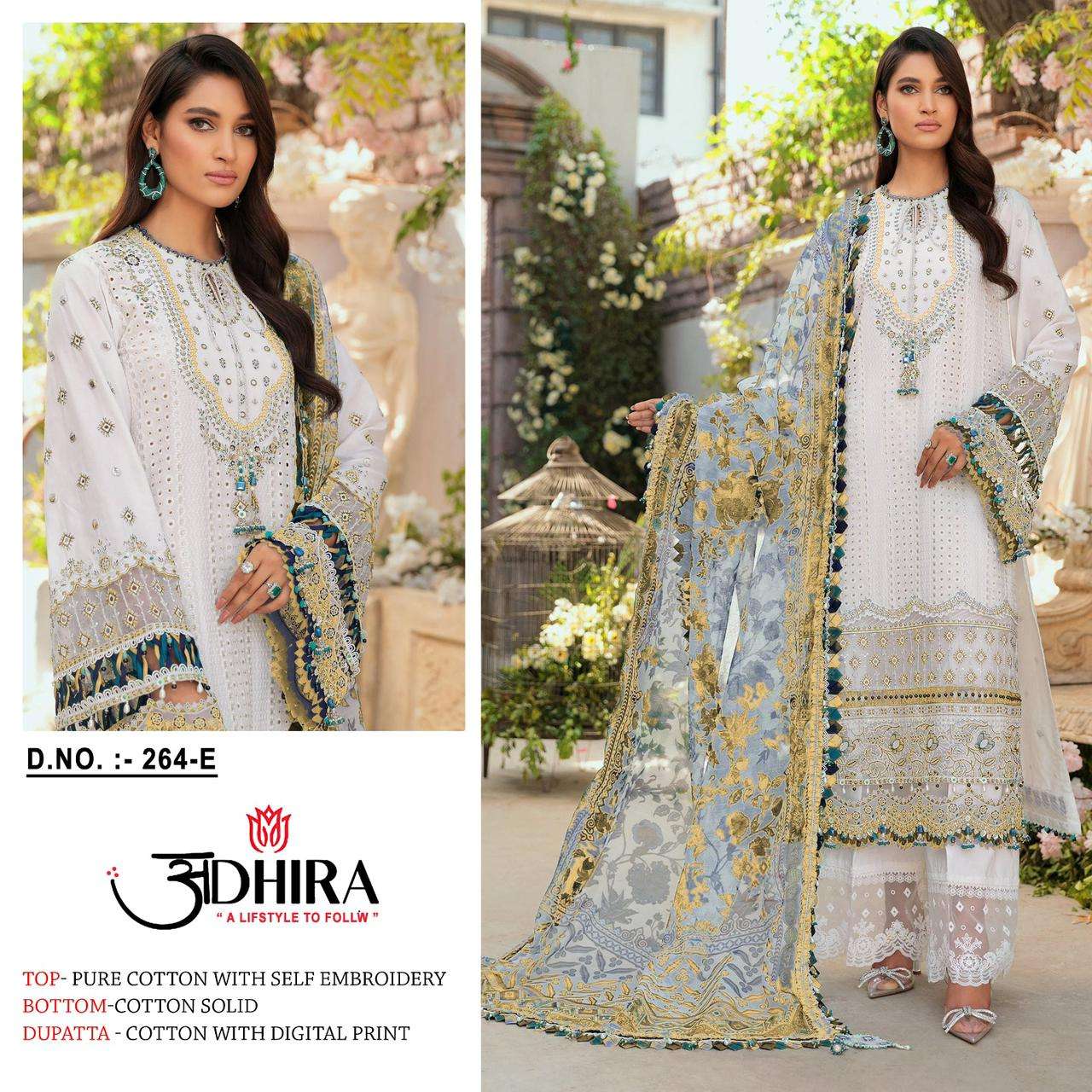 Adhira 264 Colours By Adhira 264-A To 264-E Series Beautiful Stylish Pakistani Suits Fancy Colorful Casual Wear & Ethnic Wear & Ready To Wear Pure Cotton Print Embroidery Dresses At Wholesale Price