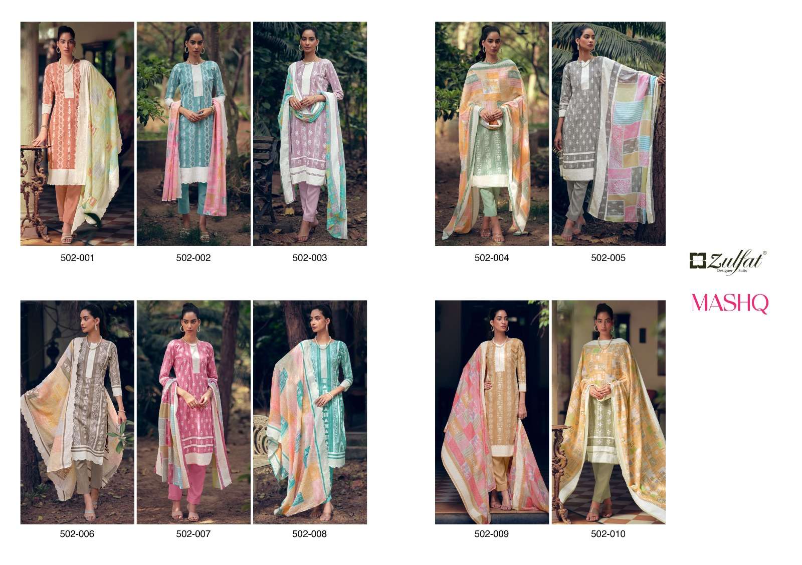 Mashq By Zulfat 502-001 To 502-010 Series Designer Suits Collection Beautiful Stylish Colorful Fancy Party Wear & Occasional Wear Pure Cotton Dresses At Wholesale Price