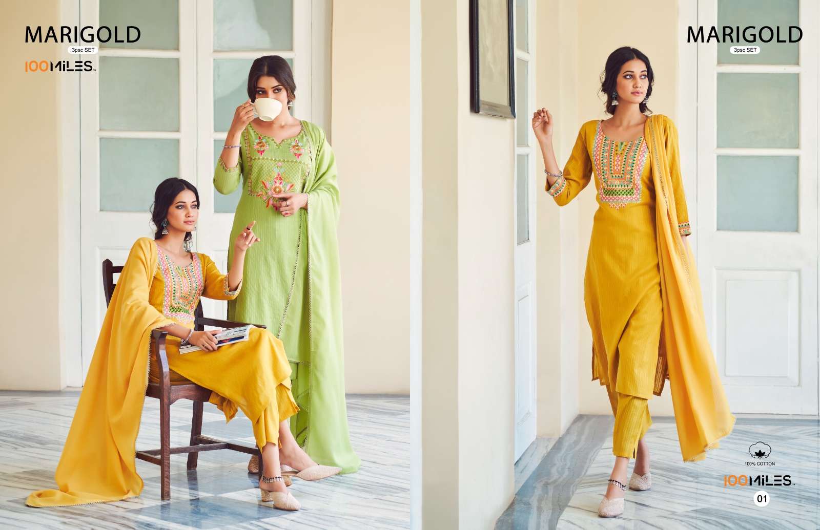 Marigold By 100 Miles 01 To 04 Series Designer Suits Collection Beautiful Stylish Colorful Fancy Party Wear & Occasional Wear Pure Cotton Dresses At Wholesale Price