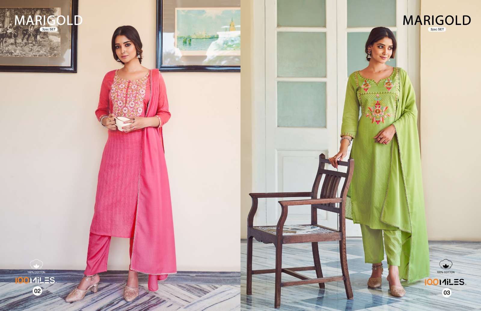 Marigold By 100 Miles 01 To 04 Series Designer Suits Collection Beautiful Stylish Colorful Fancy Party Wear & Occasional Wear Pure Cotton Dresses At Wholesale Price