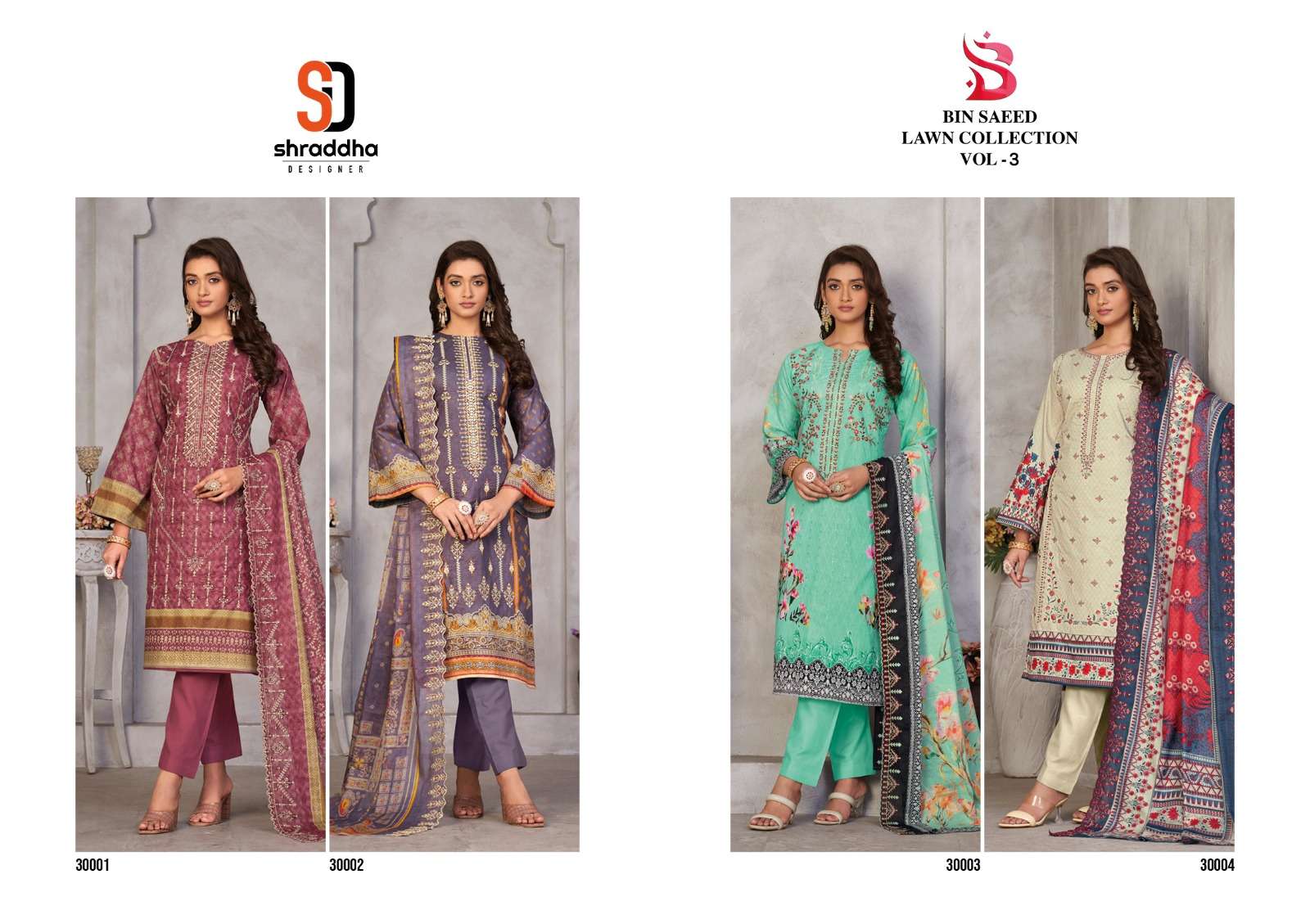 Bin Saeed Lawn Collection Vol-3 By Shraddha Designer 30001 To 30004 Series Designer Pakistani Suits Beautiful Fancy Stylish Colorful Party Wear & Occasional Wear Pure Lawn Cotton Print With Embroidery Dresses At Wholesale Price