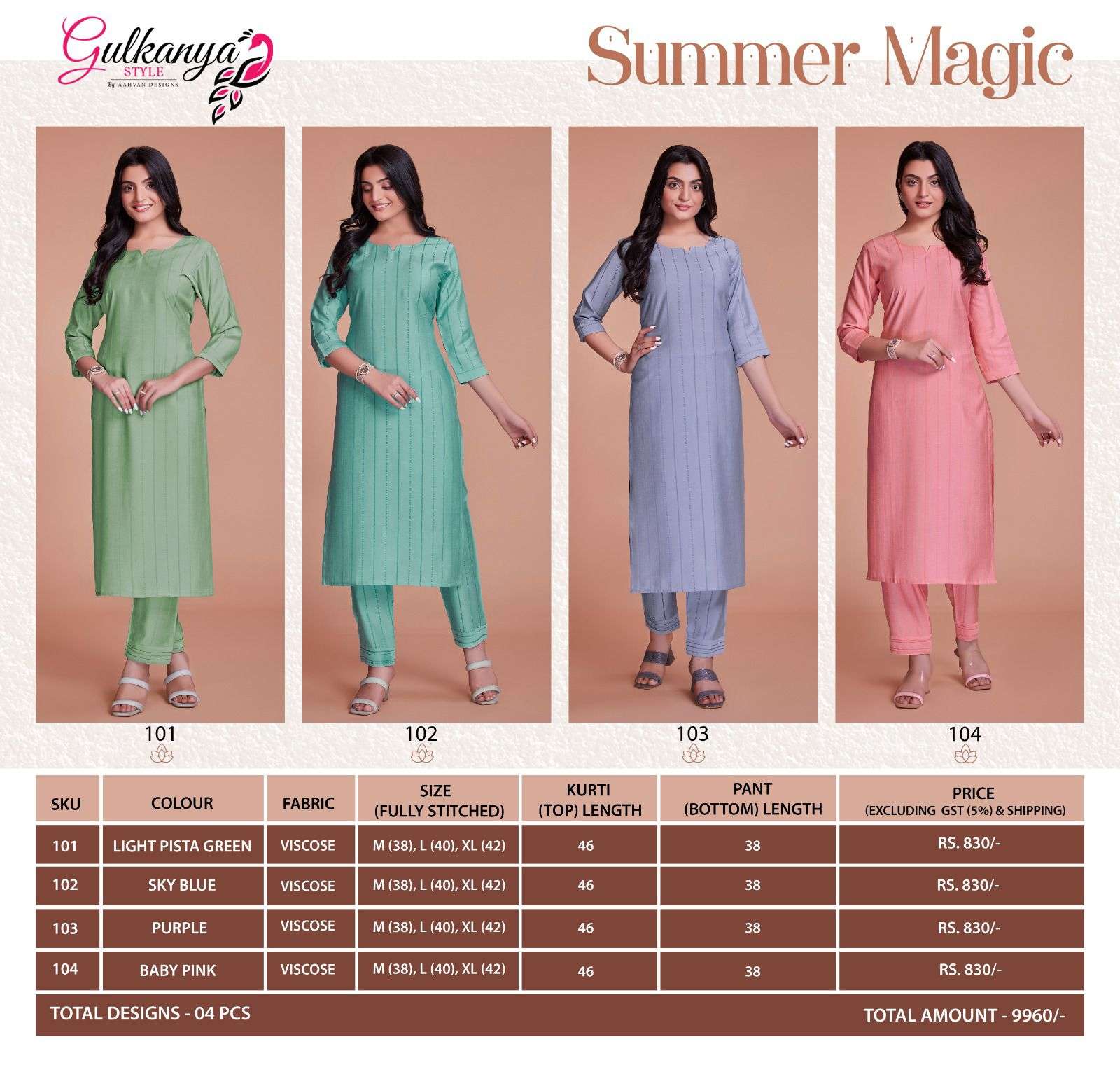 Summer Magic By Gulkanya Style 101 To 104 Series Designer Stylish Fancy Colorful Beautiful Party Wear & Ethnic Wear Collection Viscose Kurtis With Bottom At Wholesale Price