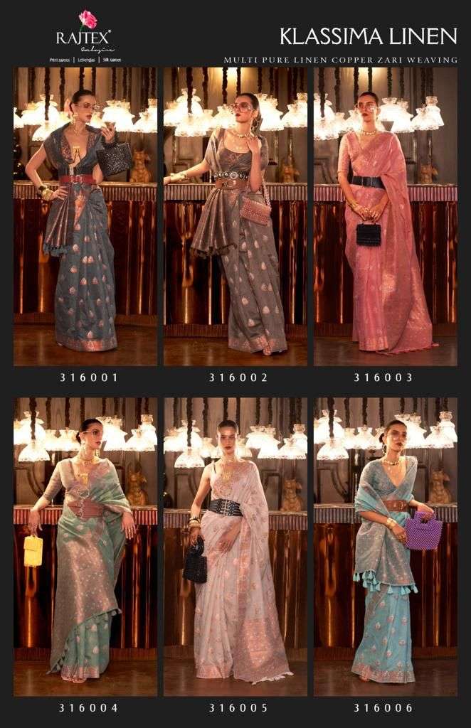 Klassima Linen By Raj Tex 316001 To 316006 Series Indian Traditional Wear Collection Beautiful Stylish Fancy Colorful Party Wear & Occasional Wear Pure Linen Sarees At Wholesale Price