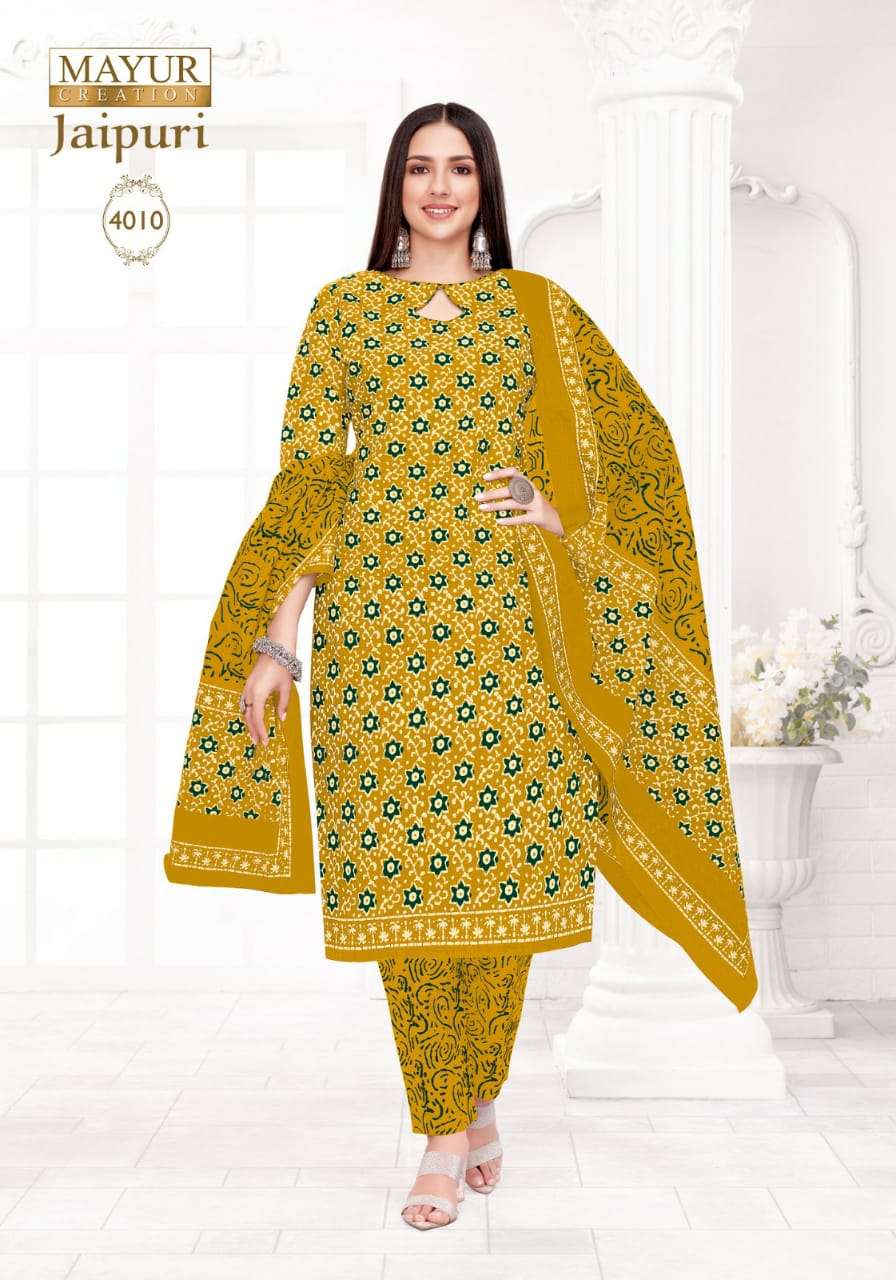 Jaipuri Vol-4 By Mayur Creation 4001 To 4010 Series Beautiful Stylish Festive Suits Fancy Colorful Casual Wear & Ethnic Wear & Ready To Wear Cotton Print Dresses At Wholesale Price