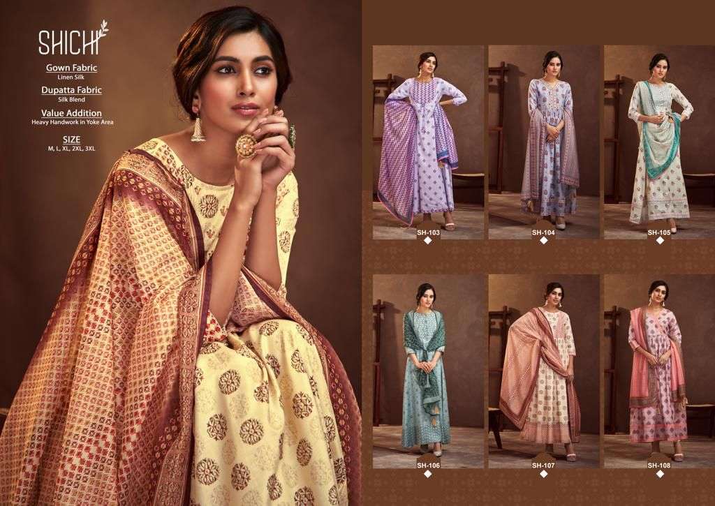 Naaz By Shichi 103 To 108 Series Beautiful Stylish Fancy Colorful Casual Wear & Ethnic Wear Linen Silk Gowns With Dupatta At Wholesale Price