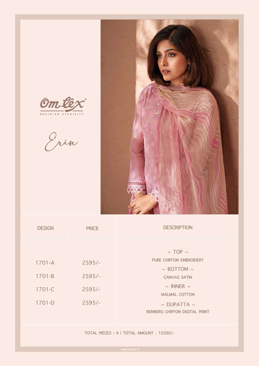 Erin By Om Tex 1701-A To 1701-D Series Beautiful Suits Colorful Stylish Fancy Casual Wear & Ethnic Wear Pure Chiffon Embroidered Dresses At Wholesale Price