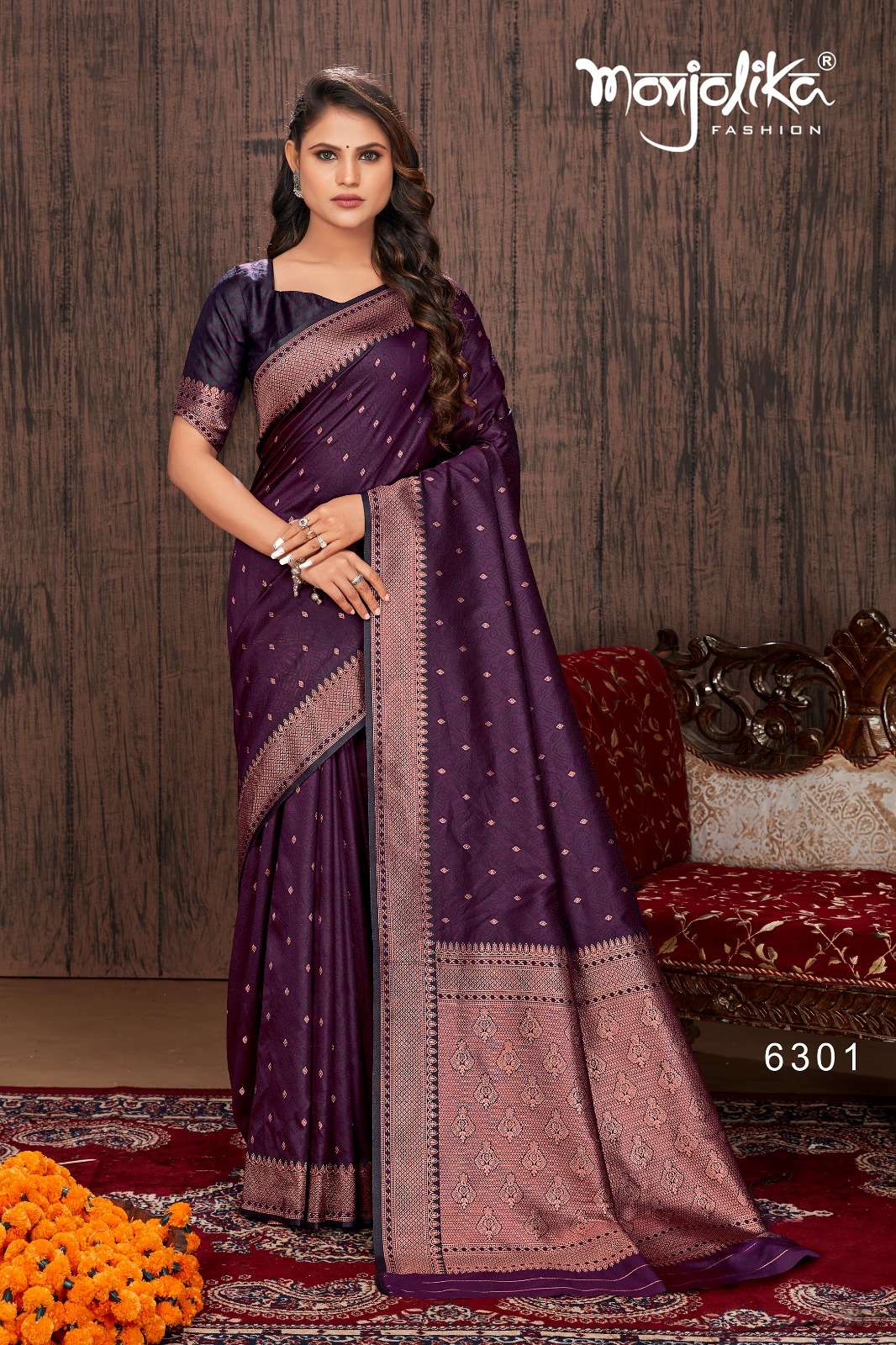 Maanyata By Monjolika 6301 To 6307 Series Indian Traditional Beautiful Stylish Designer Banarasi Silk Jacquard Embroidered Party Wear Satin Silk Sarees At Wholesale Price