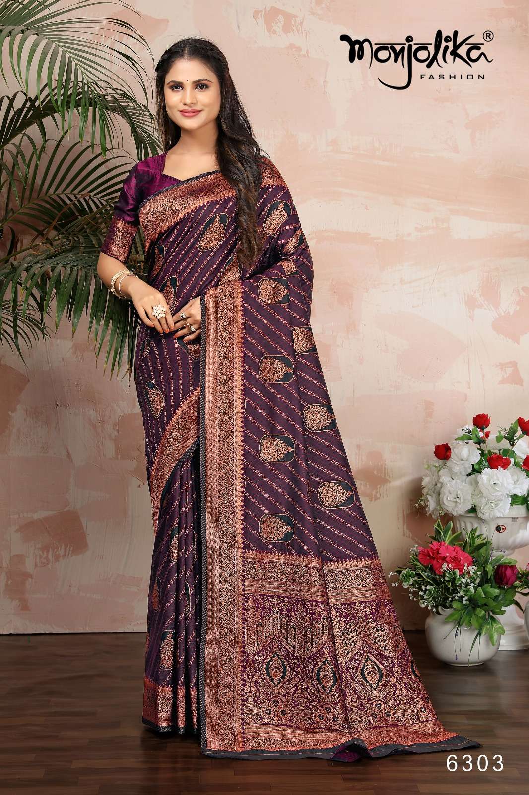Maanyata By Monjolika 6301 To 6307 Series Indian Traditional Beautiful Stylish Designer Banarasi Silk Jacquard Embroidered Party Wear Satin Silk Sarees At Wholesale Price