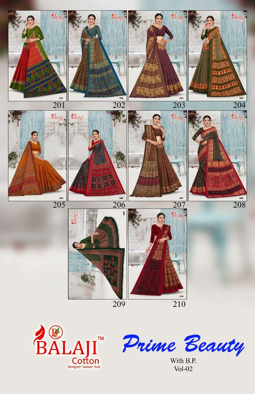 Prime Beauty Vol-2 By Balaji Cotton 201 To 210 Series Indian Traditional Wear Collection Beautiful Stylish Fancy Colorful Party Wear & Occasional Wear Cotton Print Sarees At Wholesale Price