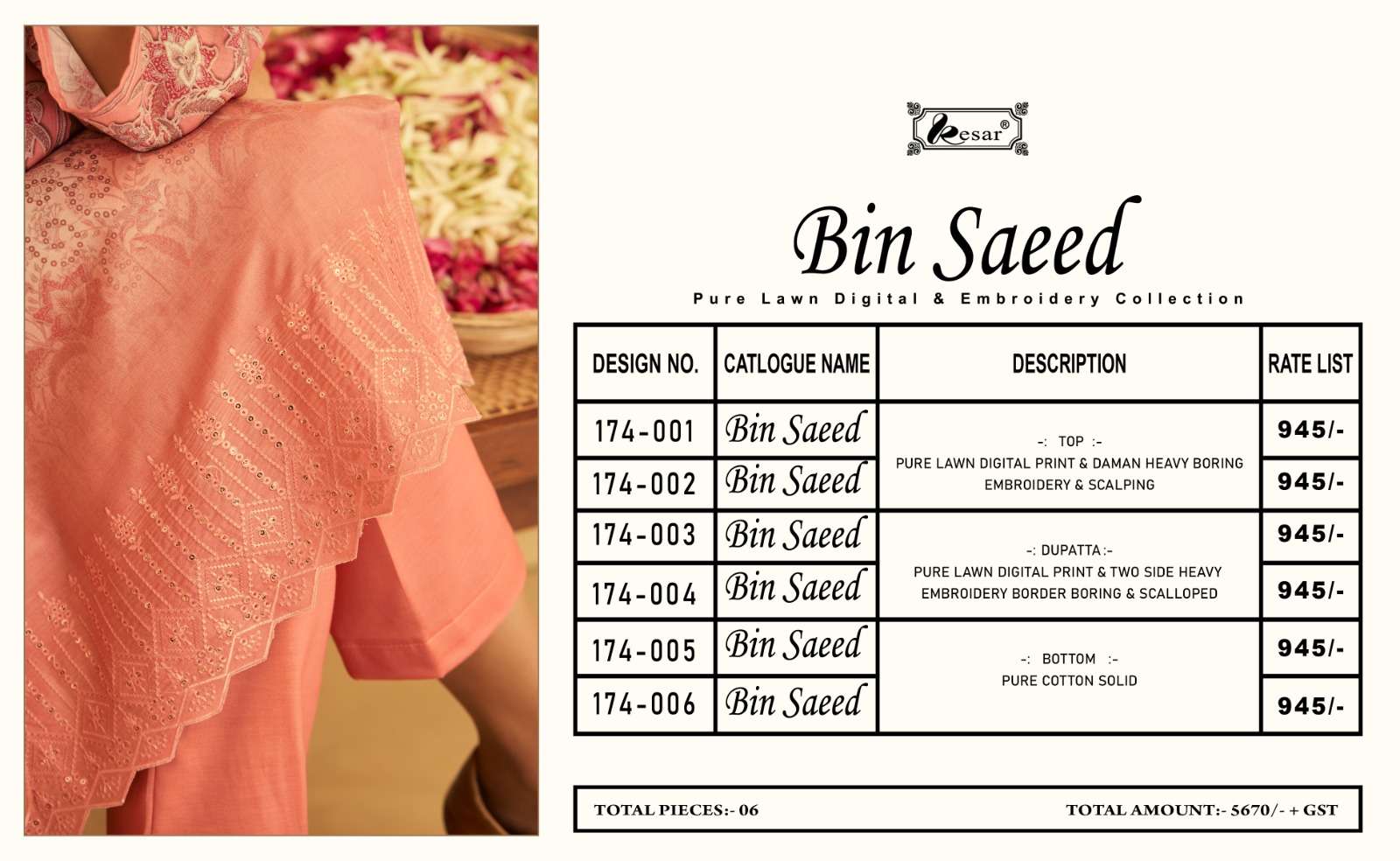 Bin Saeed By Kesar 174-001 To 174-006 Series Beautiful Stylish Pakistani Suits Fancy Colorful Casual Wear & Ethnic Wear & Ready To Wear Pure Lawn Digital Print Embroidery Dresses At Wholesale Price