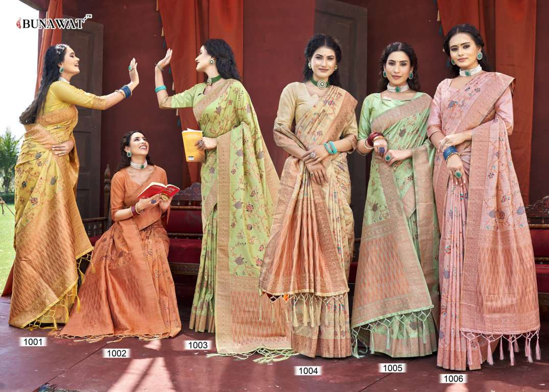 Kanhaiya By Bunawat 1001 To 1006 Series Indian Traditional Wear Collection Beautiful Stylish Fancy Colorful Party Wear & Occasional Wear Banarasi Silk Print Sarees At Wholesale Price