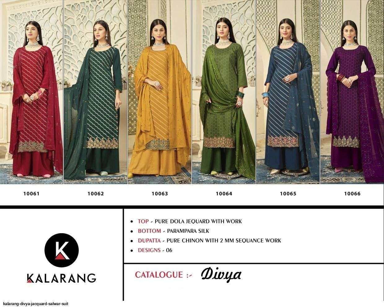 Divya By Kalarang 10061 To 10066 Series Beautiful Indian Suits Colorful Stylish Fancy Casual Wear & Ethnic Wear Pure Dola Jacquard Embroidered Dresses At Wholesale Price