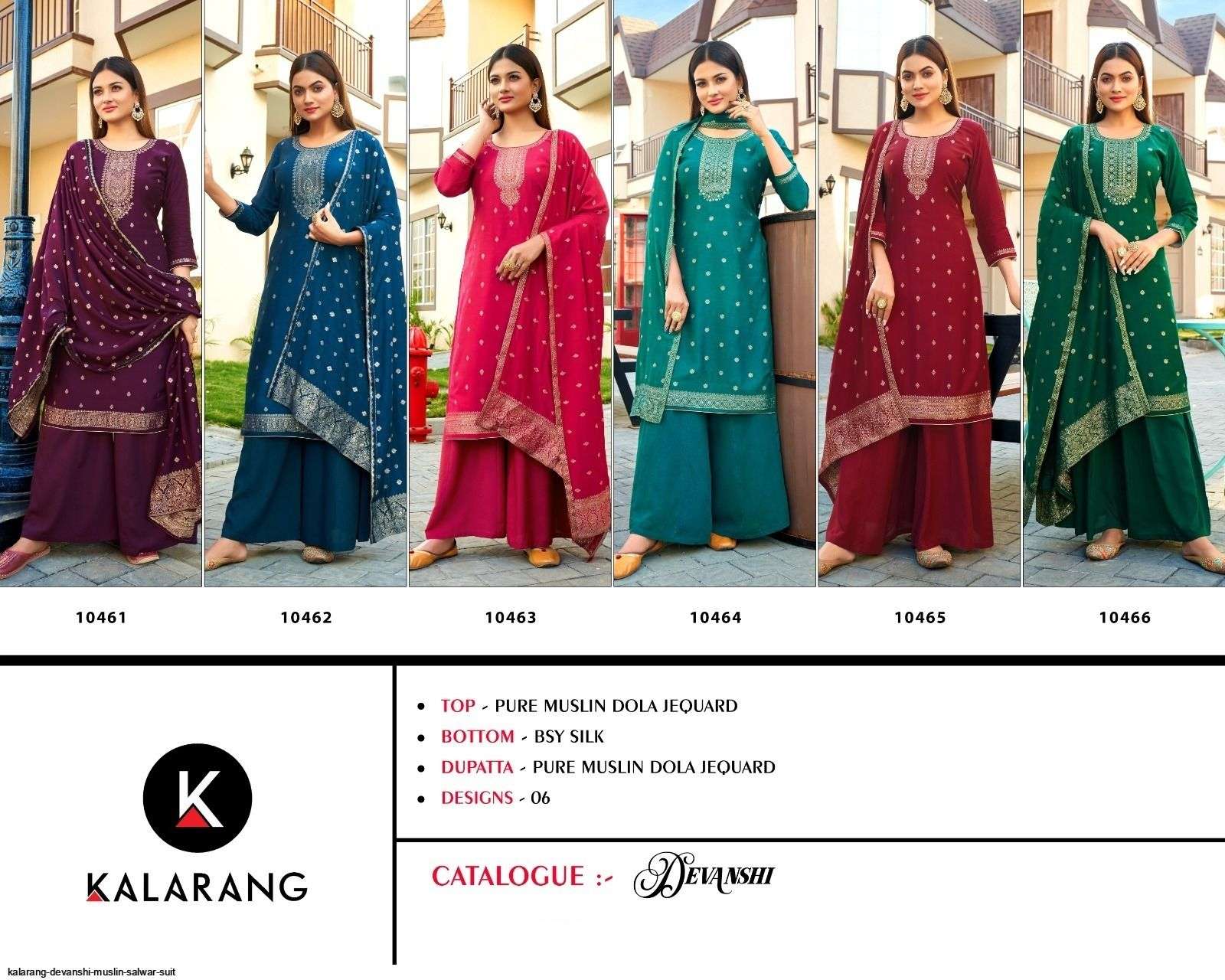 Devanshi By Kalarang 10461 To 10466 Series Beautiful Festive Suits Colorful Stylish Fancy Casual Wear & Ethnic Wear Pure Muslin Dola Jacquard Embroidered Dresses At Wholesale Price