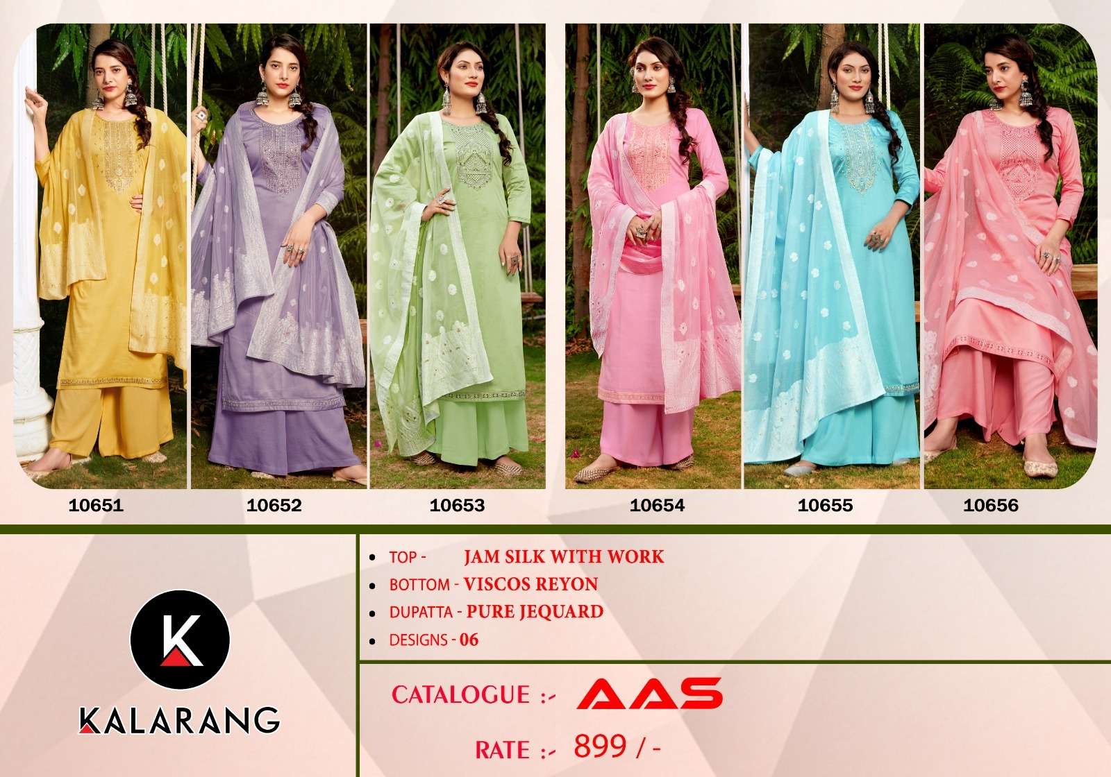 Aas By Kalarang 10651 To 10656 Series Beautiful Sharara Suits Colorful Stylish Fancy Casual Wear & Ethnic Wear Jam Silk With Work Dresses At Wholesale Price