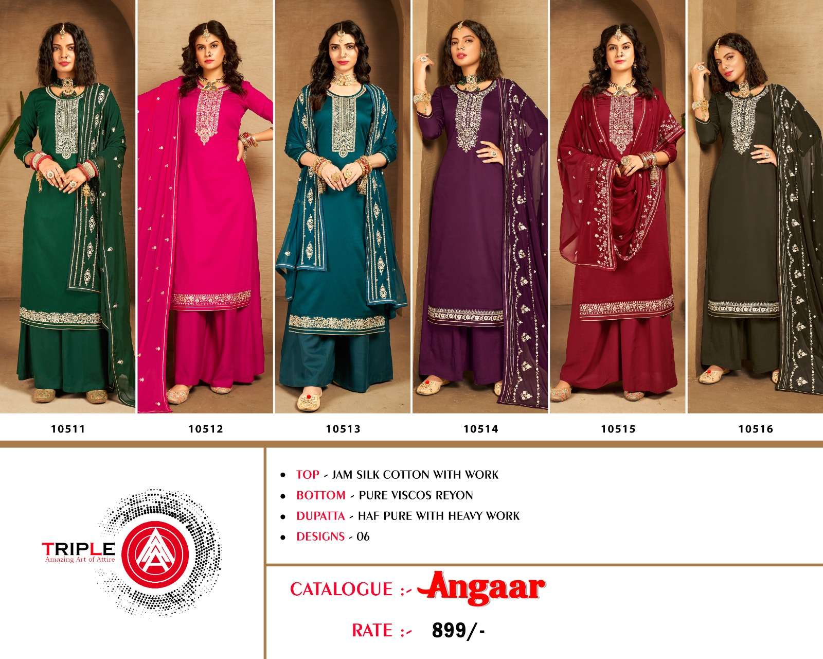Angaar By Triple Aaa 10511 To 10516 Series Beautiful Sharara Suits Colorful Stylish Fancy Casual Wear & Ethnic Wear Jam Cotton Silk Dresses At Wholesale Price
