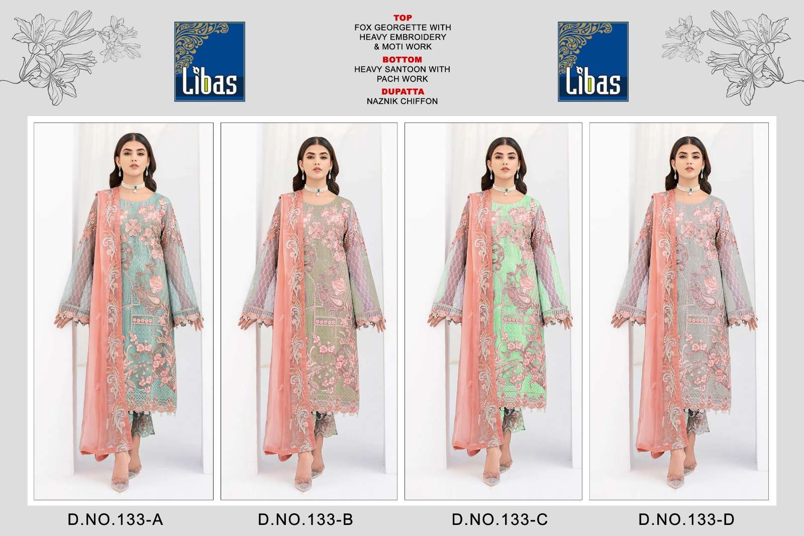 Libas 133 By Libas 133-A To 133-D Series Beautiful Stylish Pakistani Suits Fancy Colorful Casual Wear & Ethnic Wear & Ready To Wear Faux Georgette Embroidered Dresses At Wholesale Price