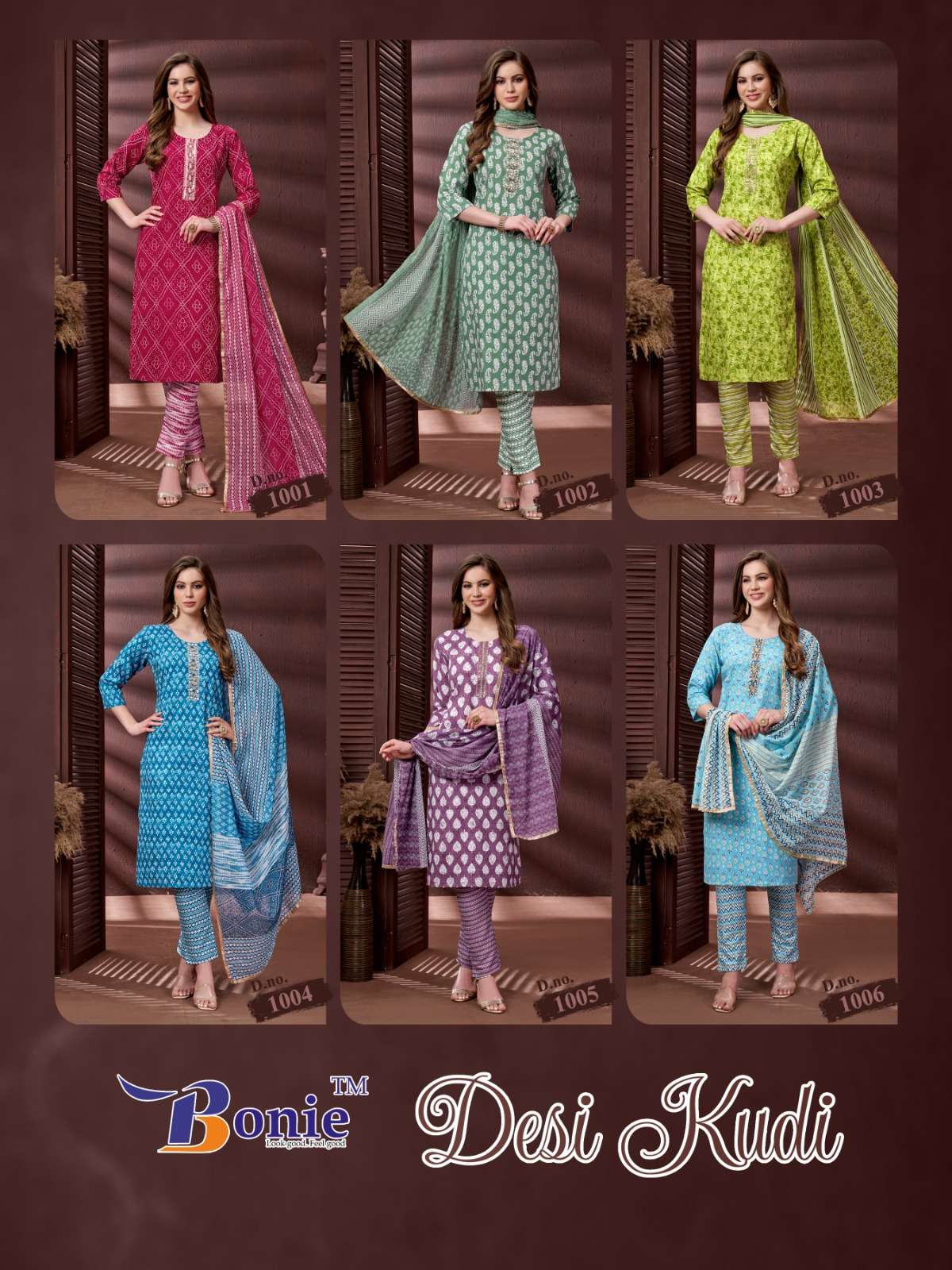 Desi Kudi By Bonie 1001 To 1006 Series Beautiful Suits Colorful Stylish Fancy Casual Wear & Ethnic Wear Rayon Print Dresses At Wholesale Price