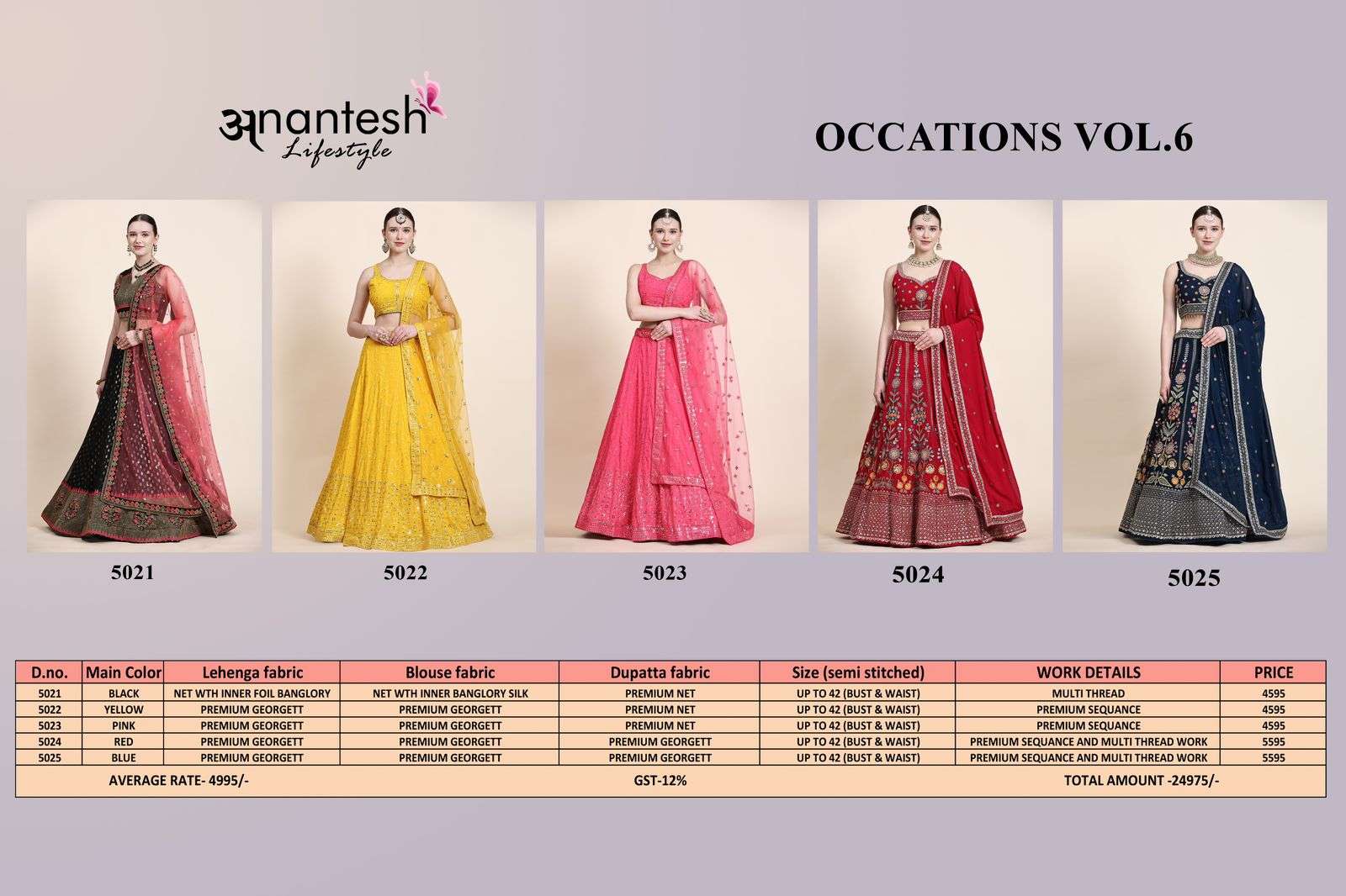 Occations Vol-6 By Anantesh 5021 To 5025 Series Bridal Wear Collection Beautiful Stylish Colorful Fancy Party Wear & Occasional Wear Net/Premium Georgette Lehengas At Wholesale Price