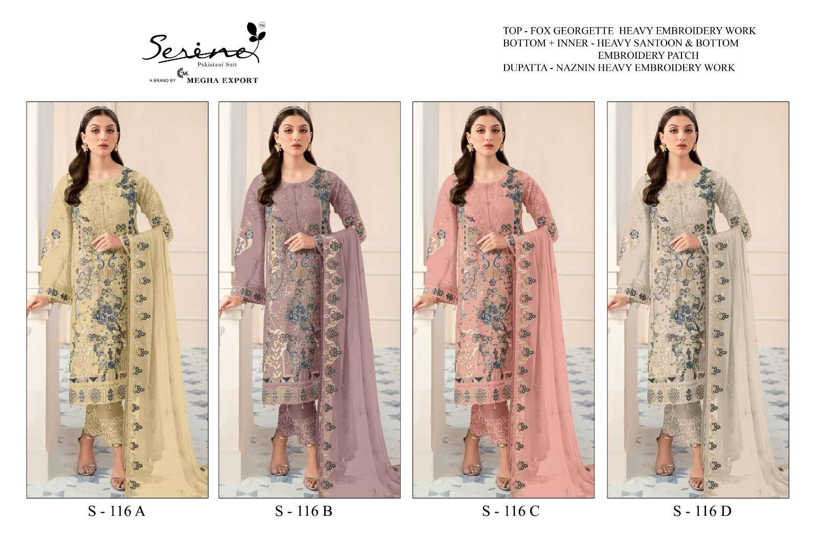 Serene Hit Design S-116 Colours By Serene S-116-A To S-116-D Series Pakistani Suits Beautiful Fancy Colorful Stylish Party Wear & Occasional Wear Faux Georgette Embroidered Dresses At Wholesale Price