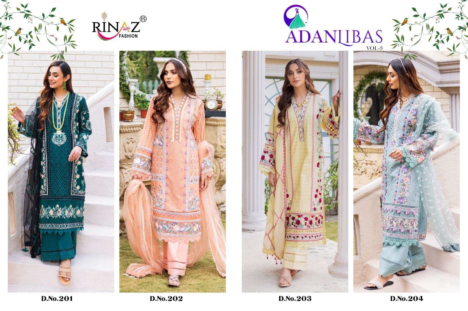 Adanlibas Vol-3 By Rinaz Fashion 201 To 204 Series Beautiful Pakistani Suits Colorful Stylish Fancy Casual Wear & Ethnic Wear Cambric Cotton Dresses At Wholesale Price