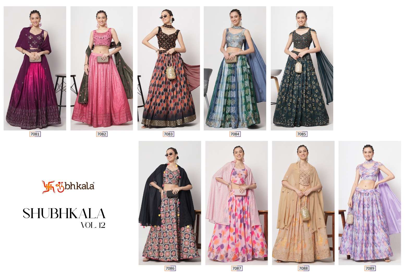 Shubhkala Vol-12 By Shubhkala 7081 To 7089 Series Bridal Wear Collection Beautiful Stylish Colorful Fancy Party Wear & Occasional Wear Chinnon Silk Lehengas At Wholesale Price