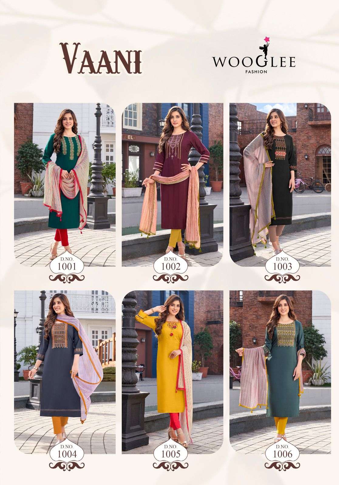Vaani By Wooglee 1001 To 1006 Series Beautiful Stylish Festive Suits Fancy Colorful Casual Wear & Ethnic Wear & Ready To Wear Rayon With Work Dresses At Wholesale Price