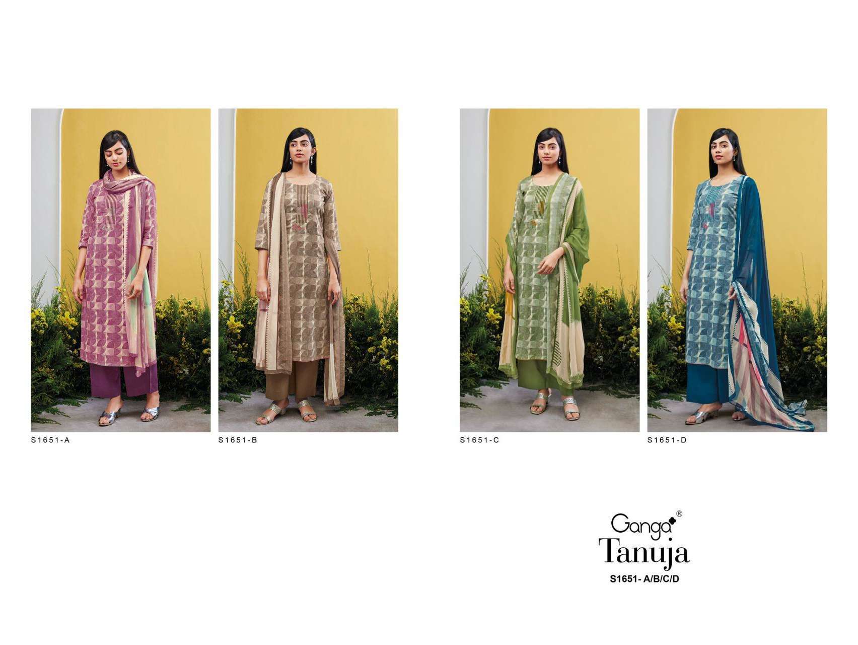 Tanuja-1651 By Ganga Fashion 1651-A To 1651-D Series Beautiful Suits Colorful Stylish Fancy Casual Wear & Ethnic Wear Premium Cotton Embroidered Dresses At Wholesale Price