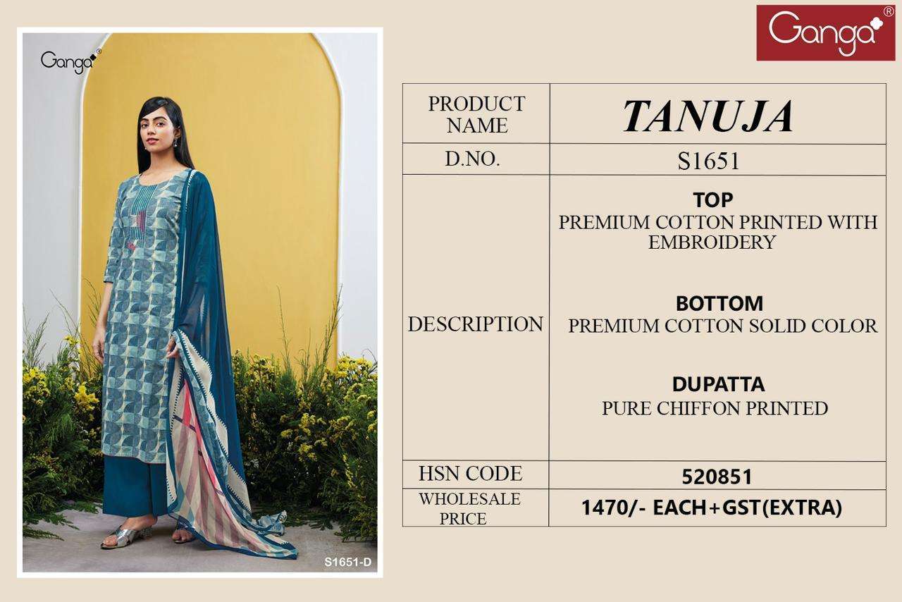 Tanuja-1651 By Ganga Fashion 1651-A To 1651-D Series Beautiful Suits Colorful Stylish Fancy Casual Wear & Ethnic Wear Premium Cotton Embroidered Dresses At Wholesale Price