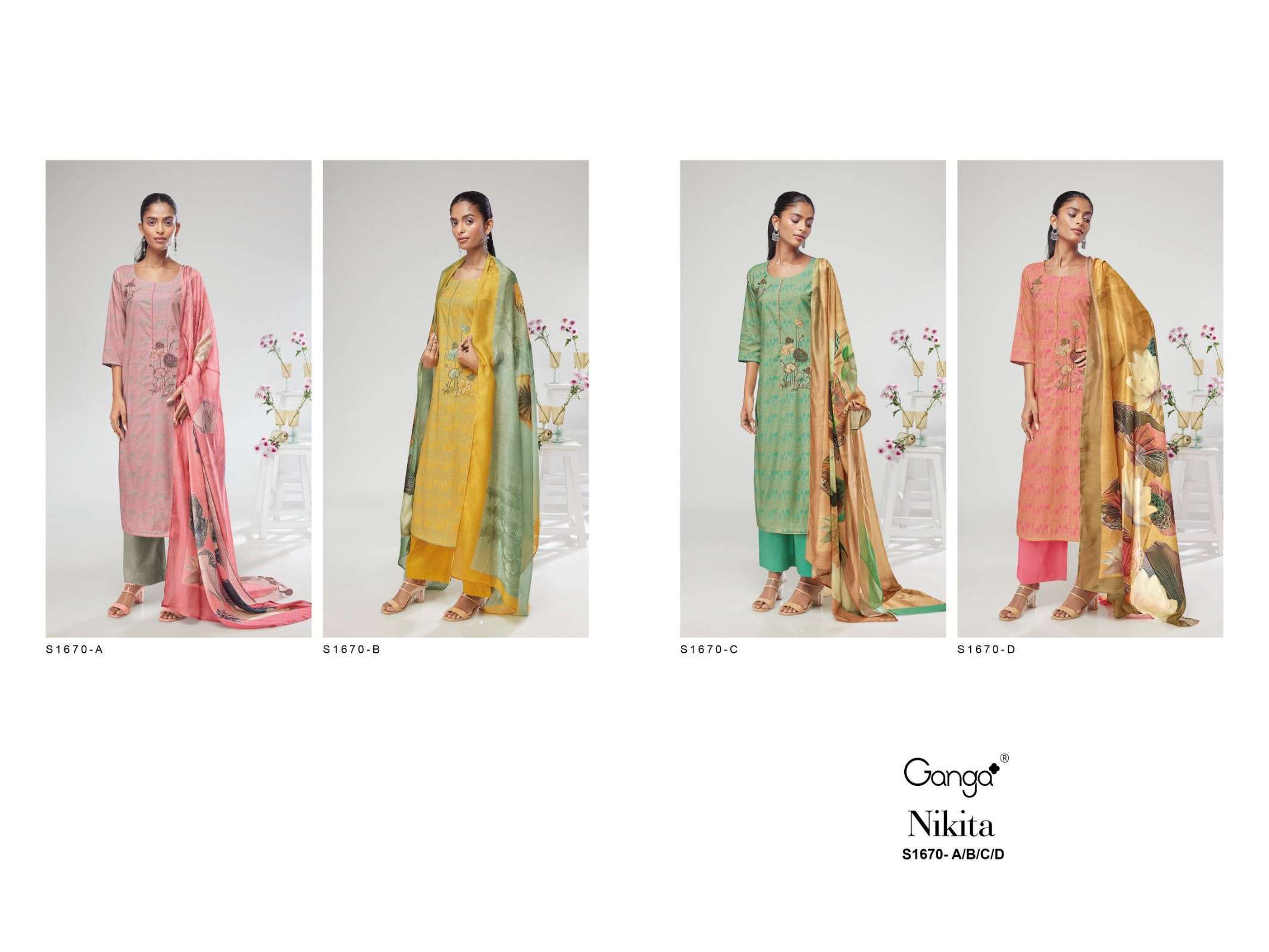 Nikita-1670 By Ganga Fashion 1670-A To 1670-D Series Beautiful Suits Colorful Stylish Fancy Casual Wear & Ethnic Wear Premium Cotton Embroidered Dresses At Wholesale Price