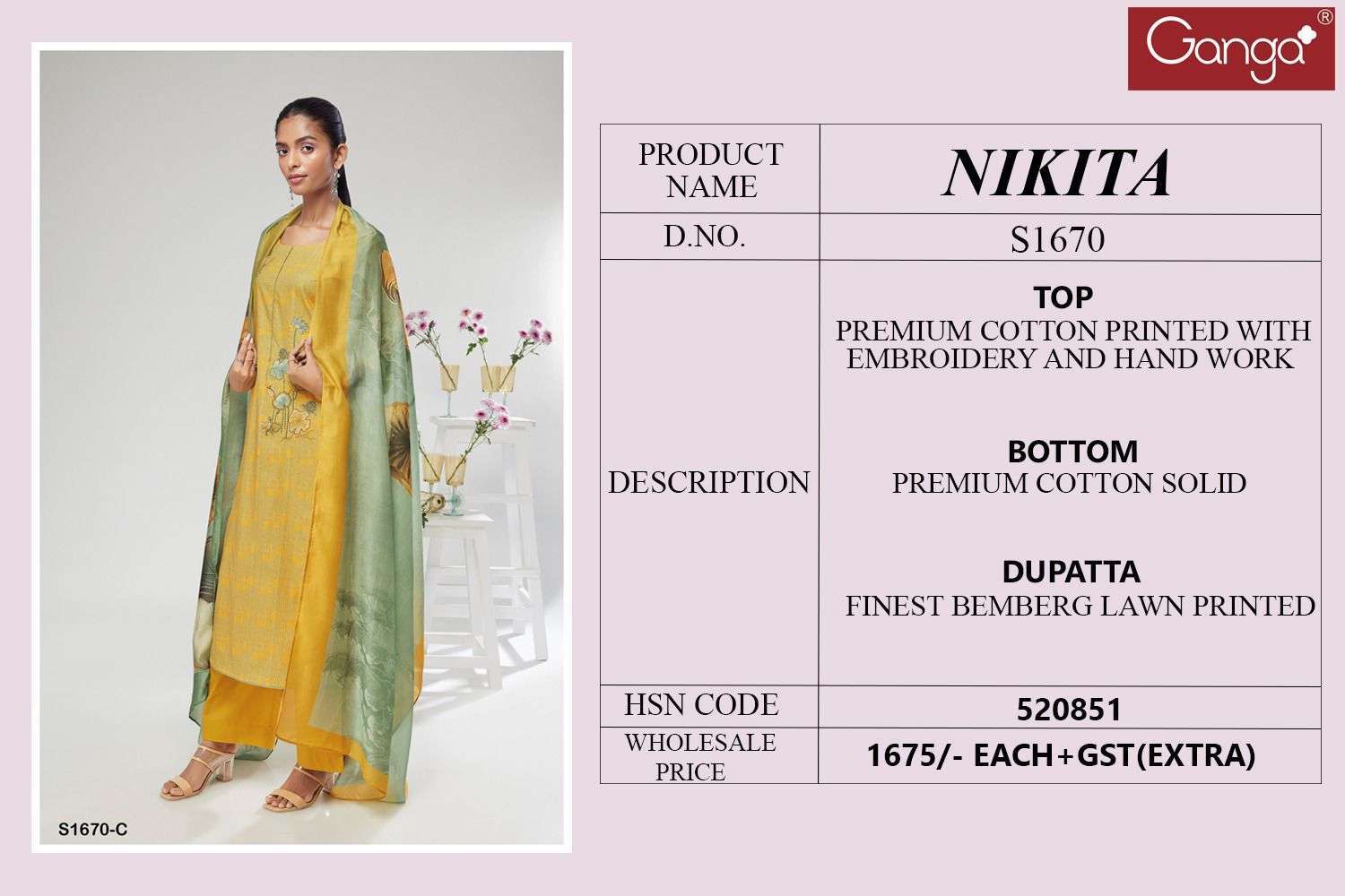 Nikita-1670 By Ganga Fashion 1670-A To 1670-D Series Beautiful Suits Colorful Stylish Fancy Casual Wear & Ethnic Wear Premium Cotton Embroidered Dresses At Wholesale Price