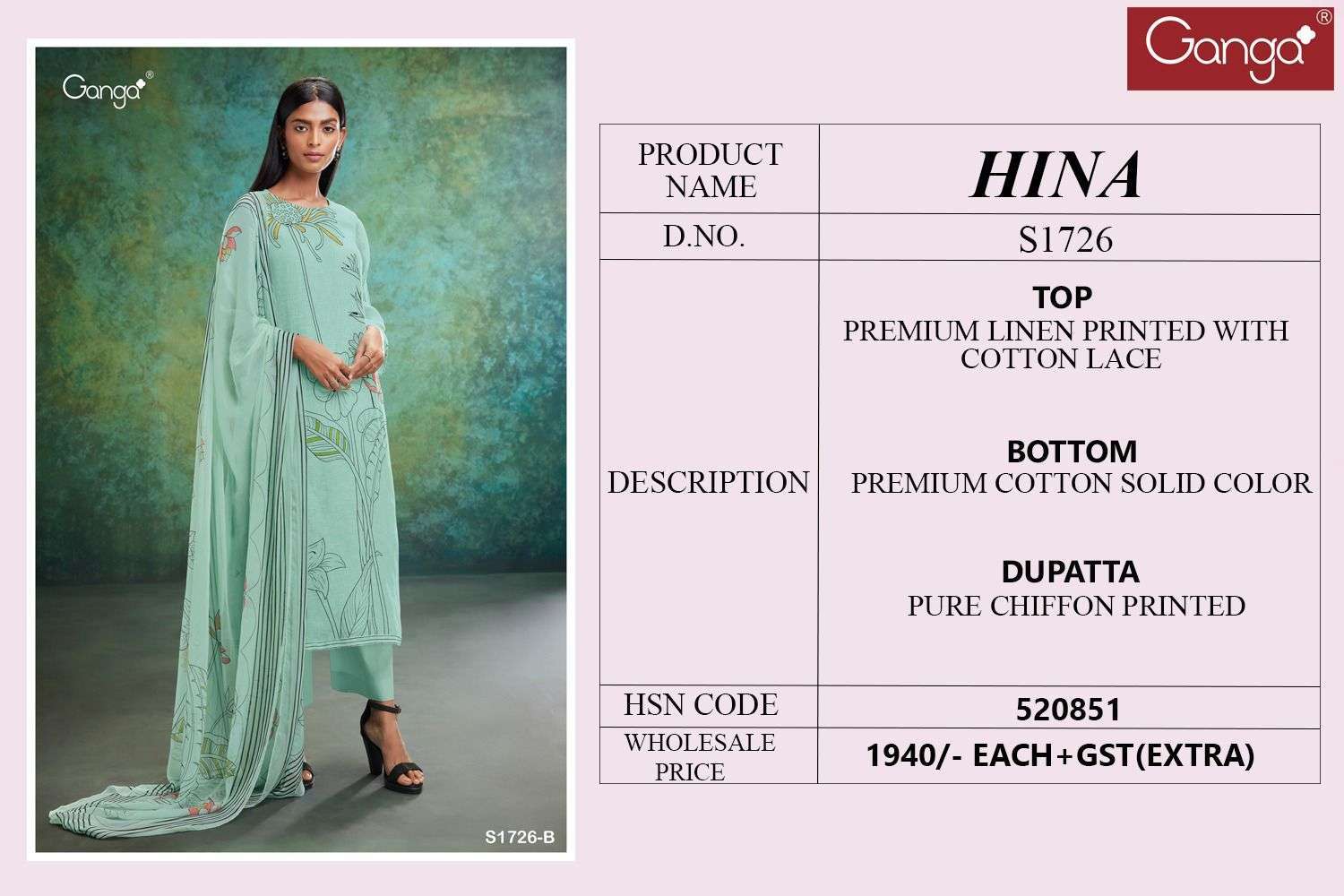 HIna-1726 By Ganga Fashion 1726-A To 1726-D Series Beautiful Suits Colorful Stylish Fancy Casual Wear & Ethnic Wear Premium Linen Dresses At Wholesale Price